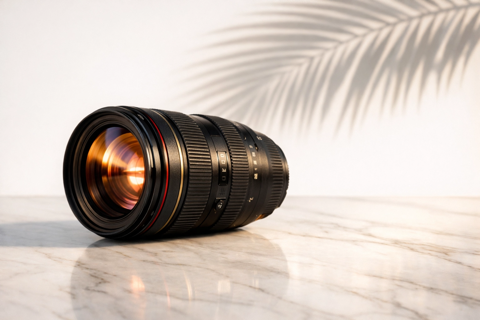 Professional camera lens on marble with a palm shadow, representing high-end brand photography in Miami.