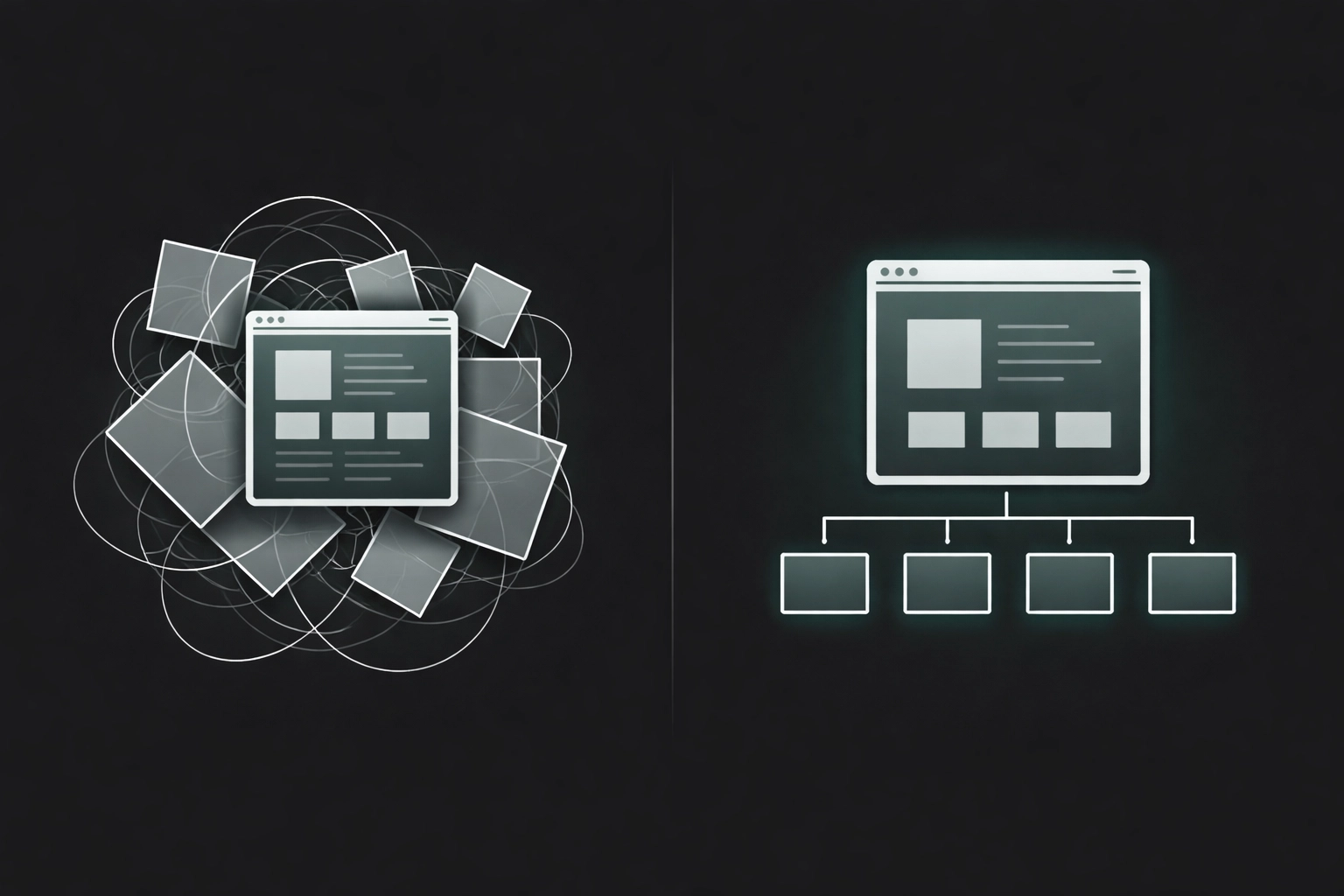 Comparison of a cluttered versus streamlined website structure, highlighting clean, efficient web design.