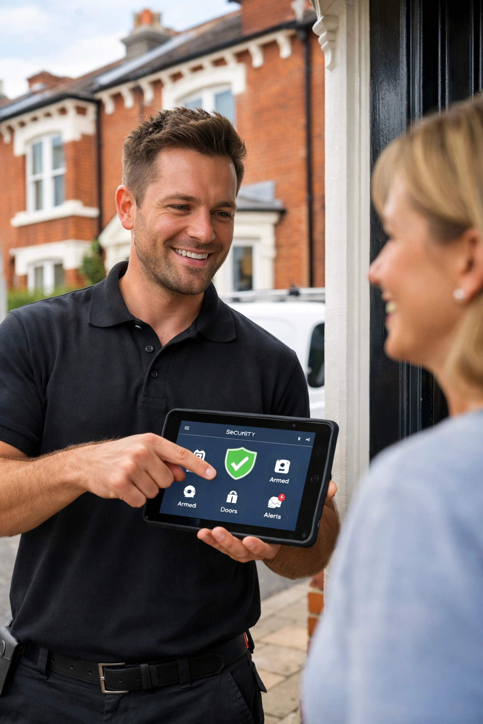 Professional alarm technician demonstrating a security system app to a Portsmouth resident.