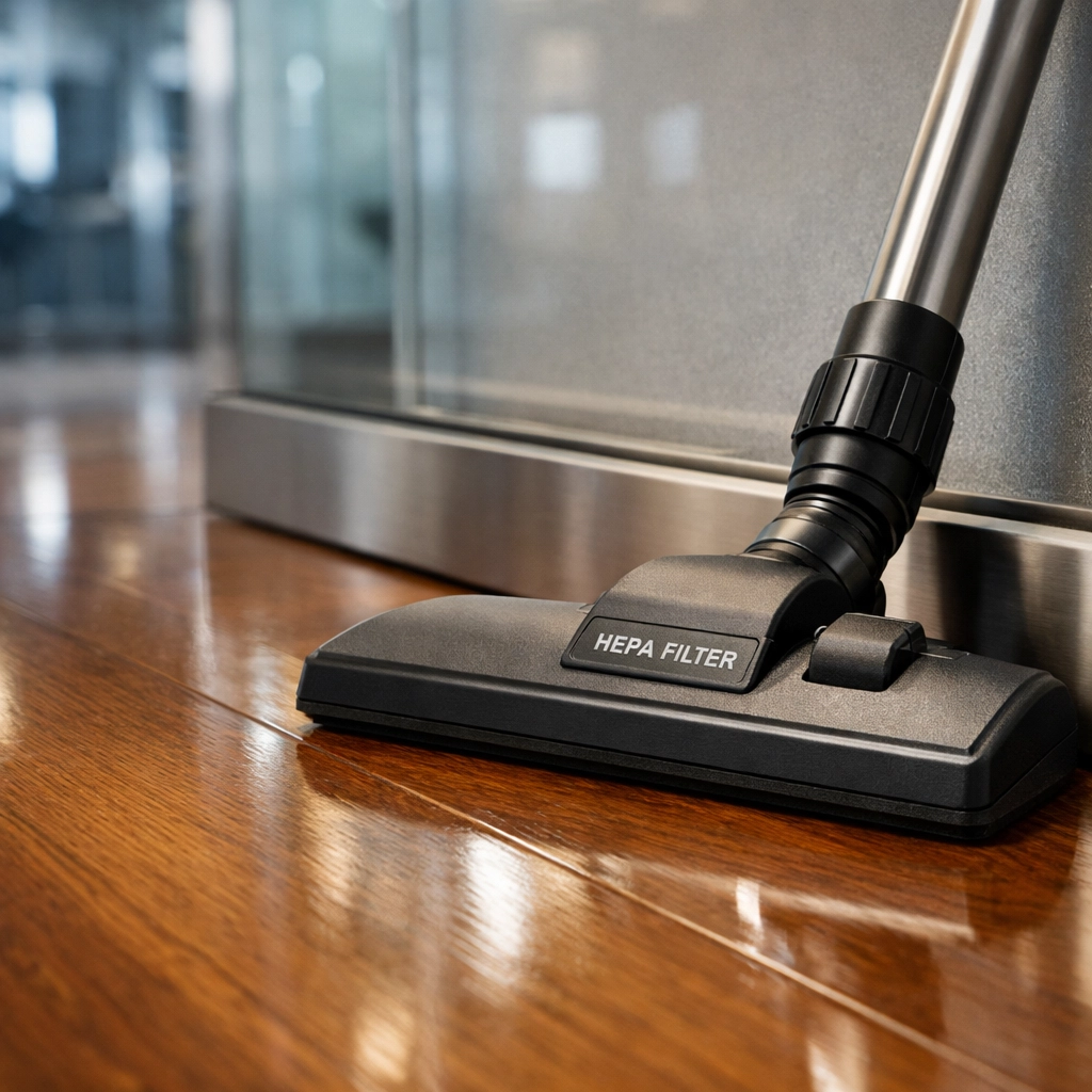 Professional HEPA vacuum cleaning a polished hardwood floor in a modern office to improve air quality.
