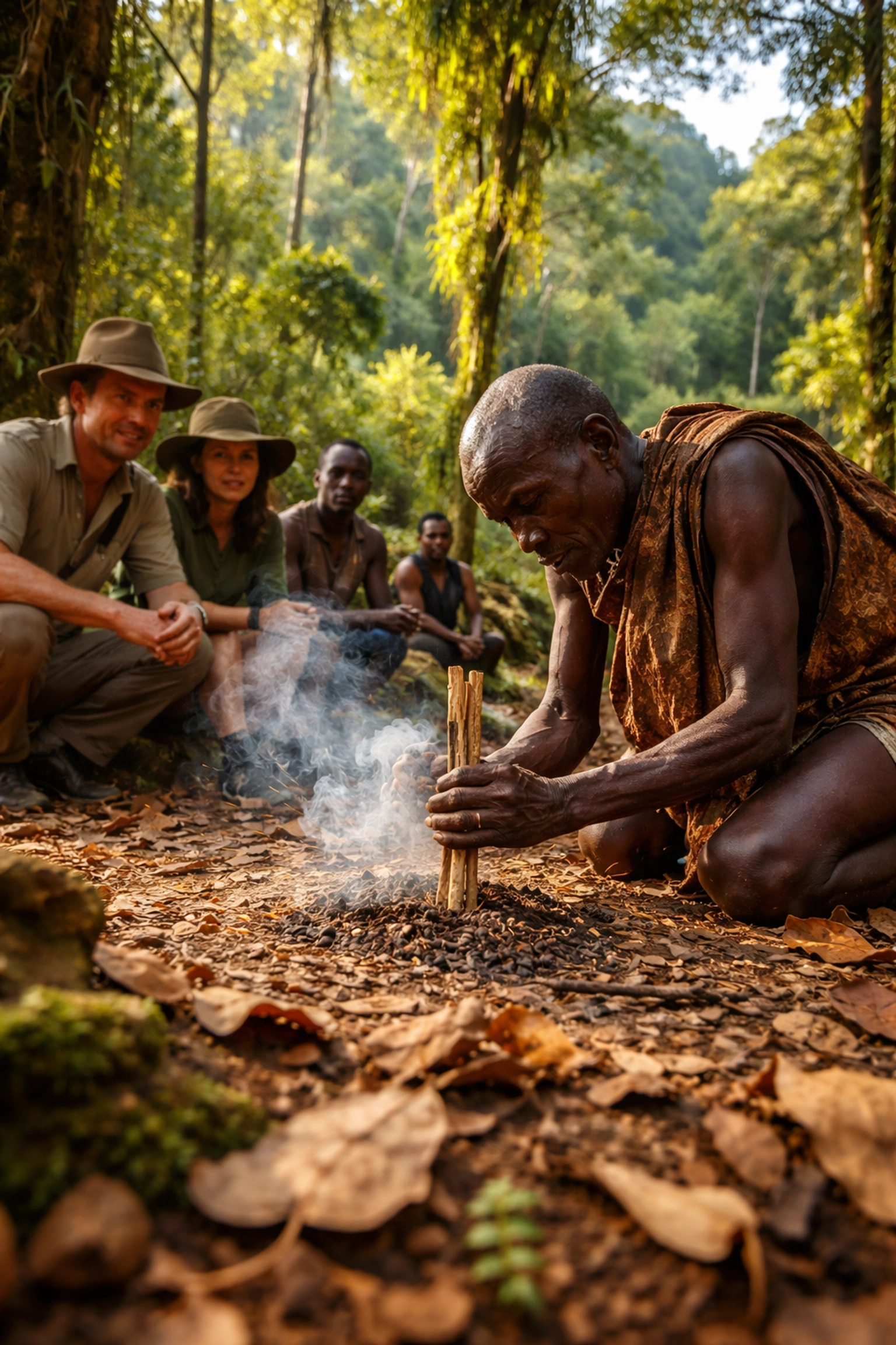 Batwa elder demonstrates traditional fire-making in Bwindi Forest, showcasing Uganda cultural traditions to safari travelers.