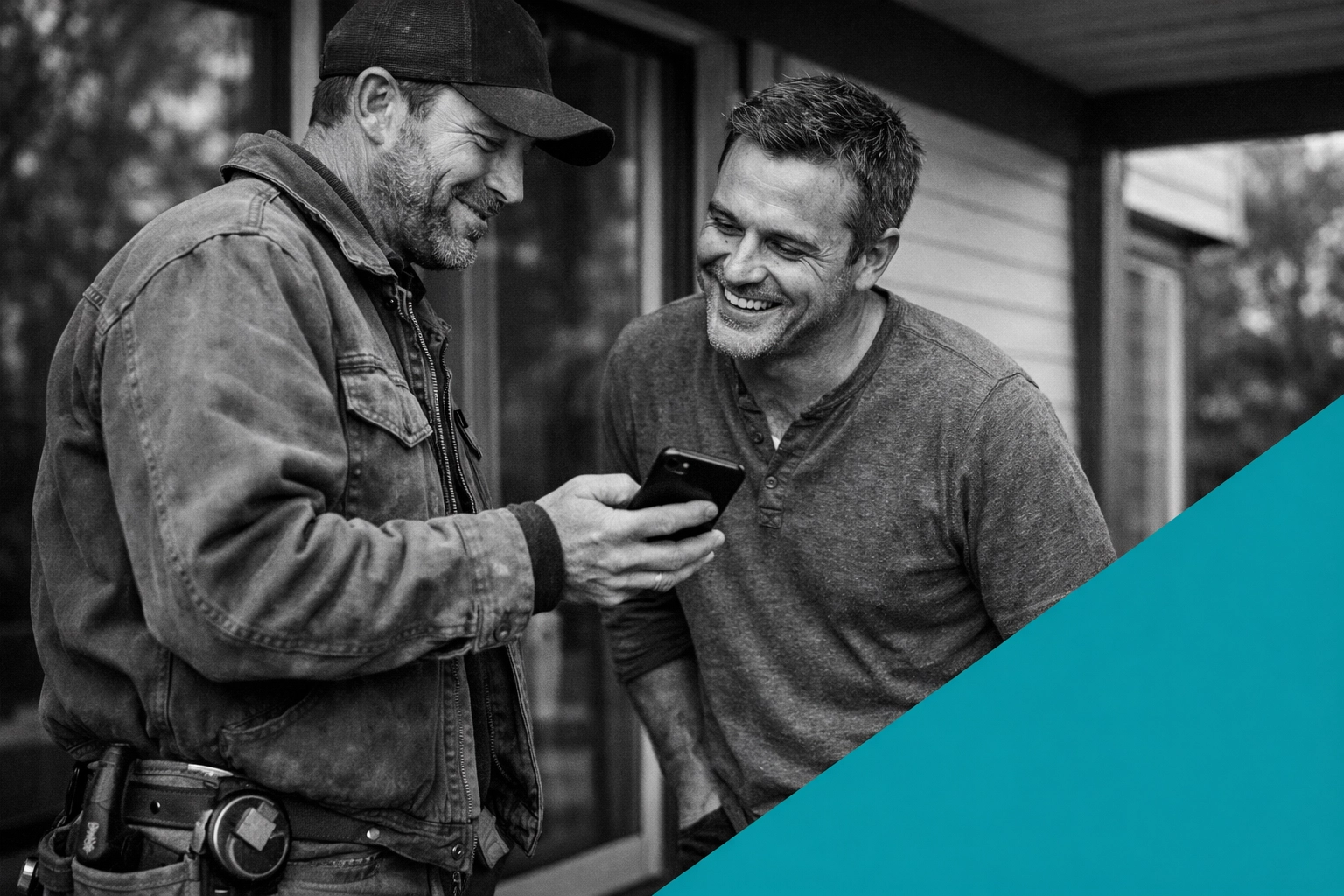 Renovation contractor responding quickly to a lead on a smartphone with a happy homeowner.