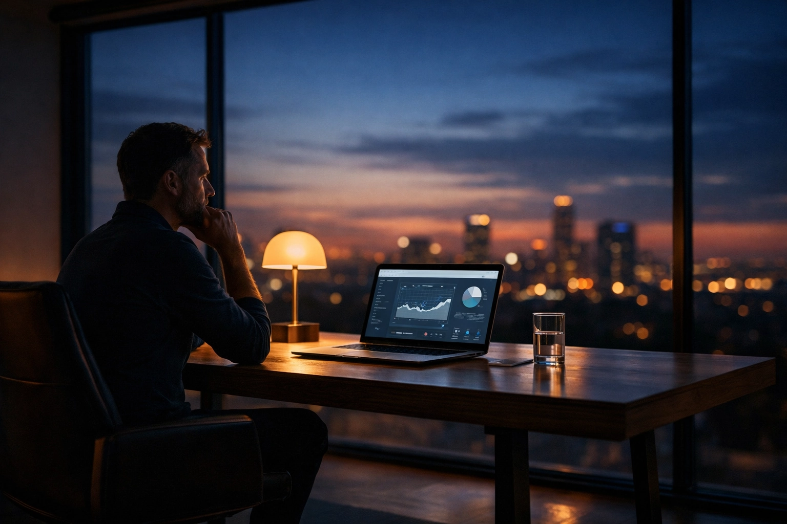 Solo founder in a modern office, representing the transition from technician to business architect.