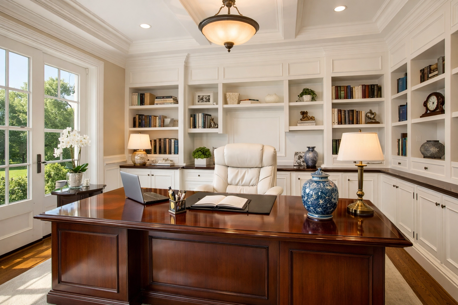 Spotless luxury home office in a Concord estate with a polished mahogany desk and clean white cabinetry.