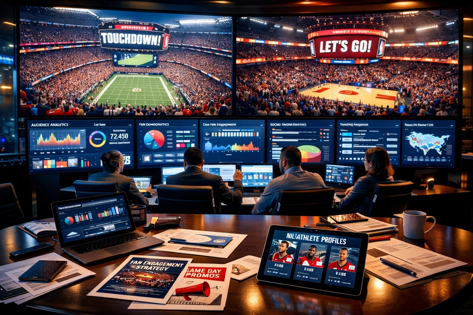 Sports marketing analytics dashboard showing stadium advertising and fan engagement data across venues