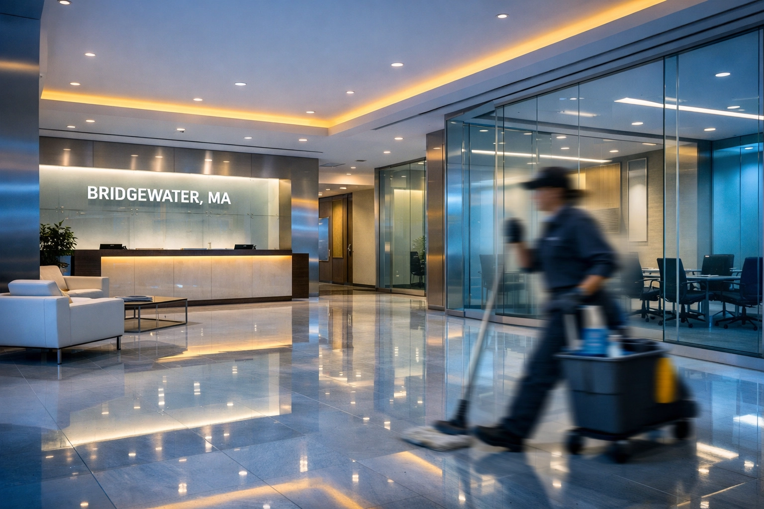 Efficient commercial cleaning in a modern Bridgewater office lobby with polished floors.