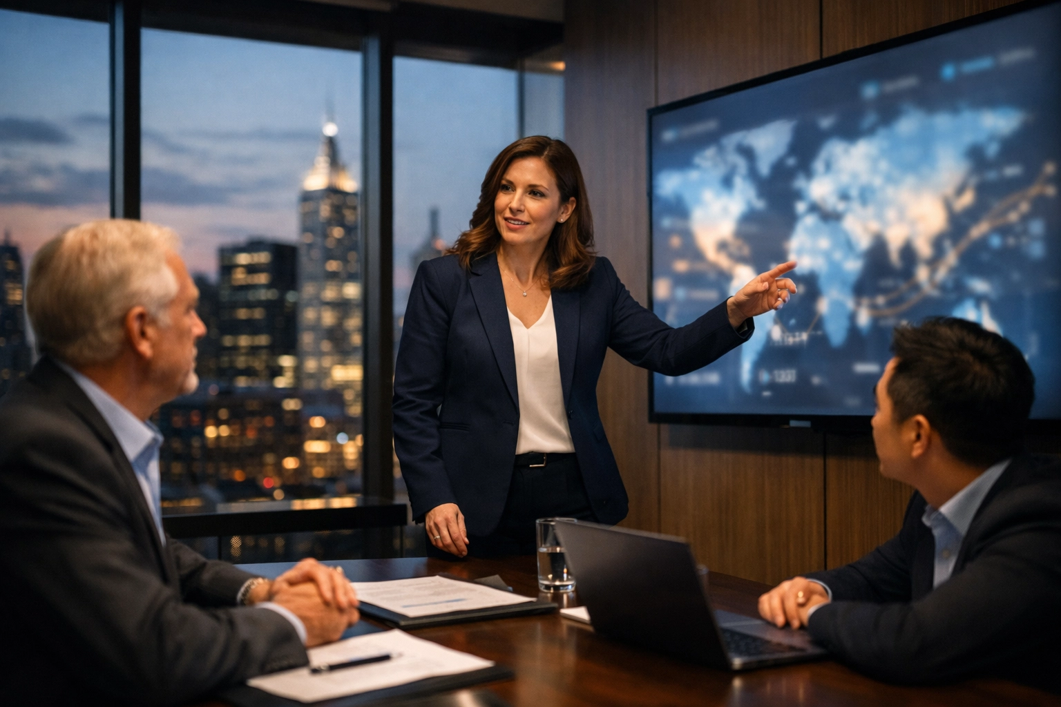 Business strategists discussing global compliance and ESG data using ServiceNow consulting services.