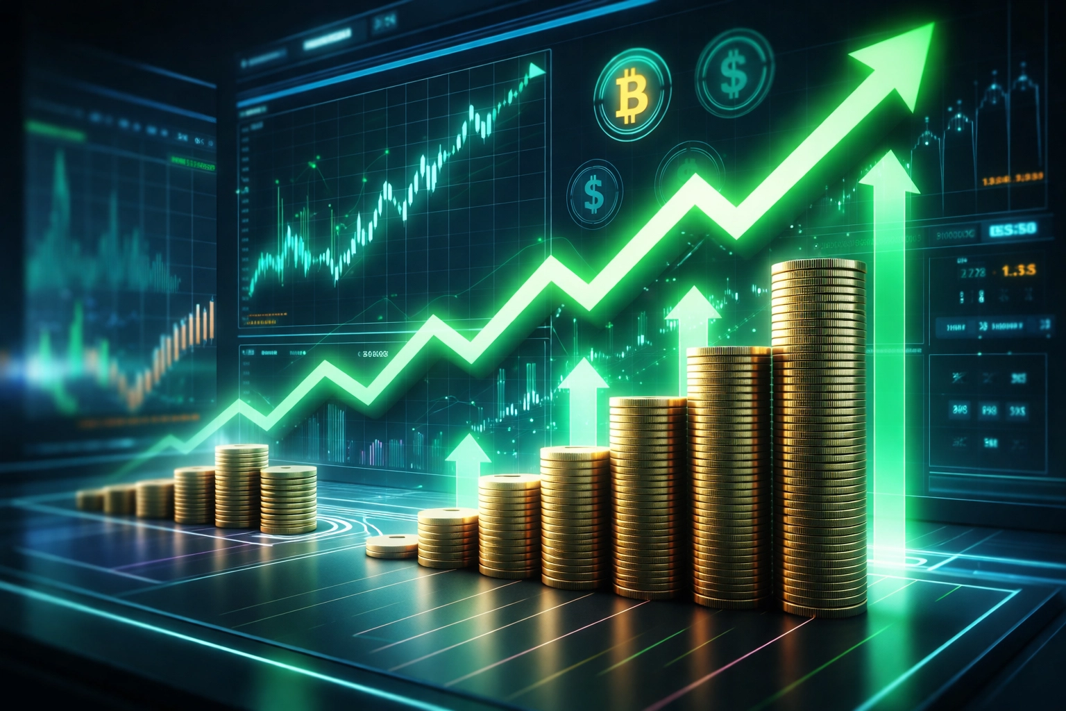 Futuristic dashboard with financial charts and cryptocurrency coins highlighting Larecoin fee savings versus NOWPayments.