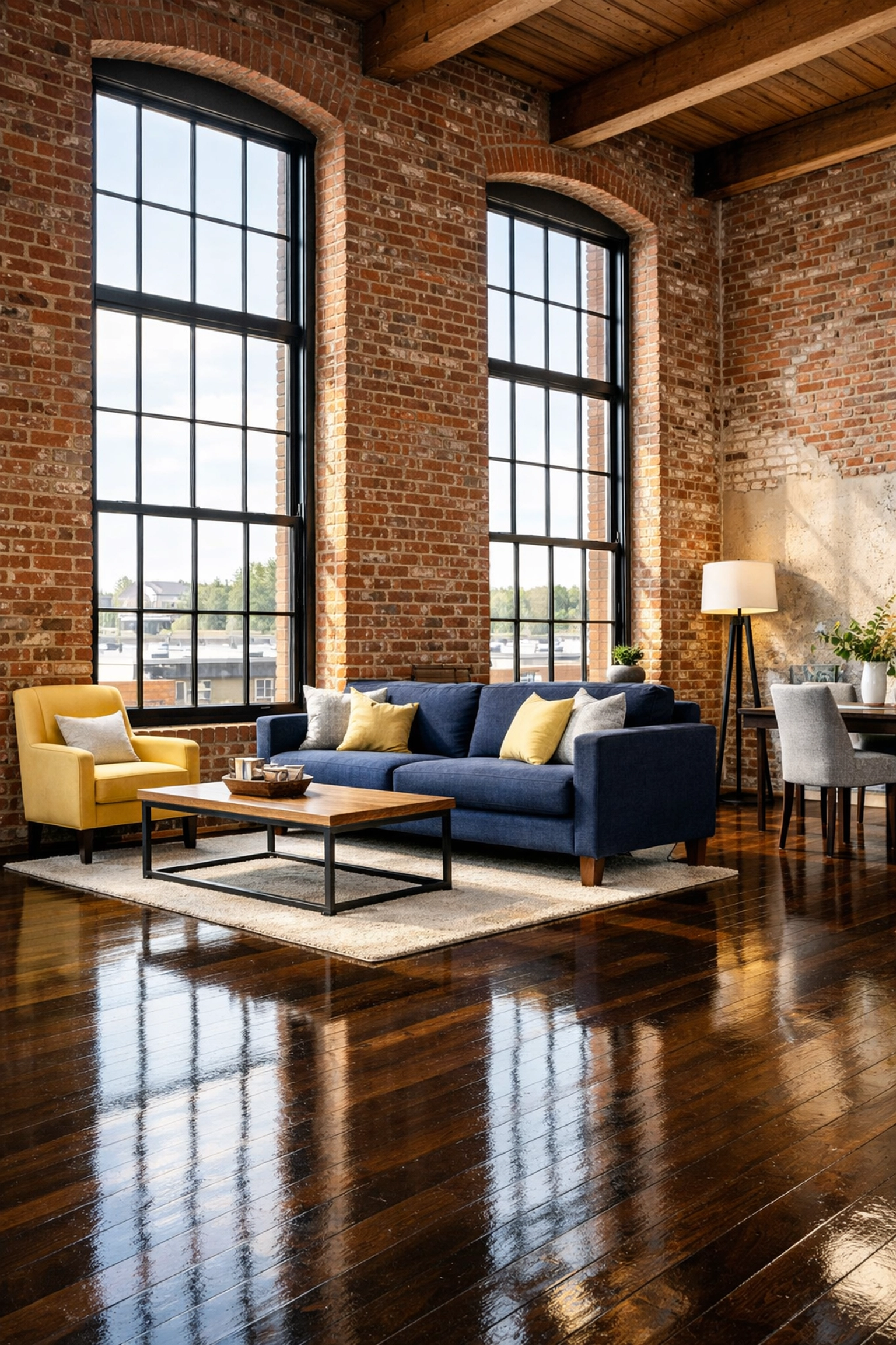 Professional deep cleaning Lowell loft with exposed brick walls and polished hardwood floors.