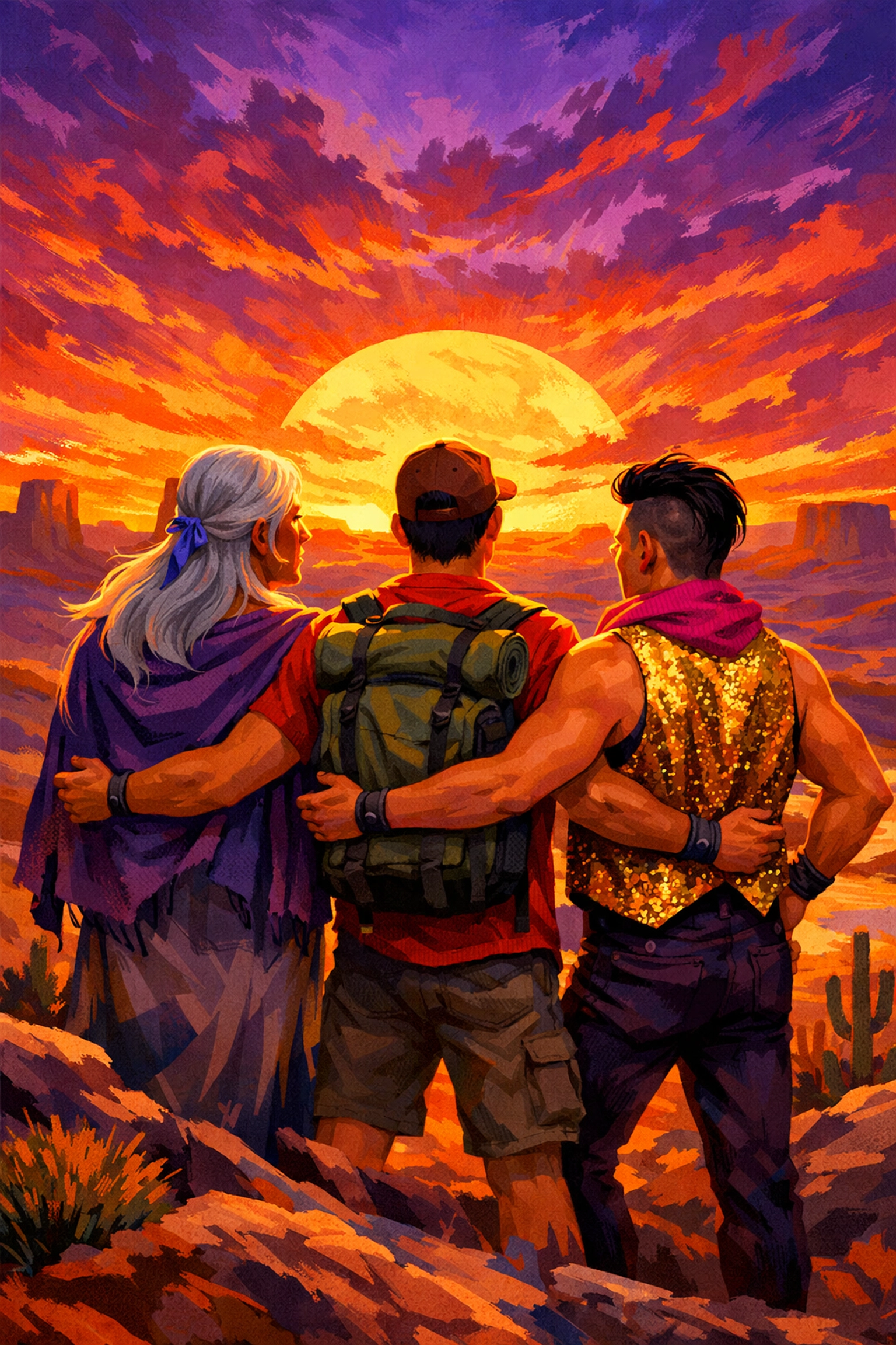 A diverse group of queer men on a desert ridge at sunset, representing community in modern LGBTQ+ fiction.