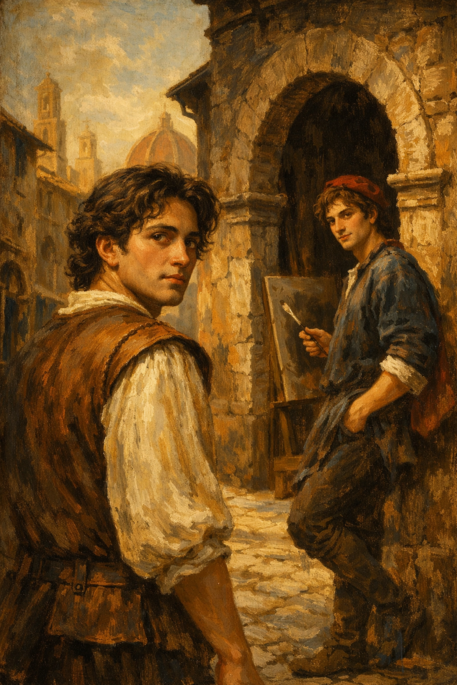 Renaissance oil painting of a young gay artist leaving his male partner for a family visit.