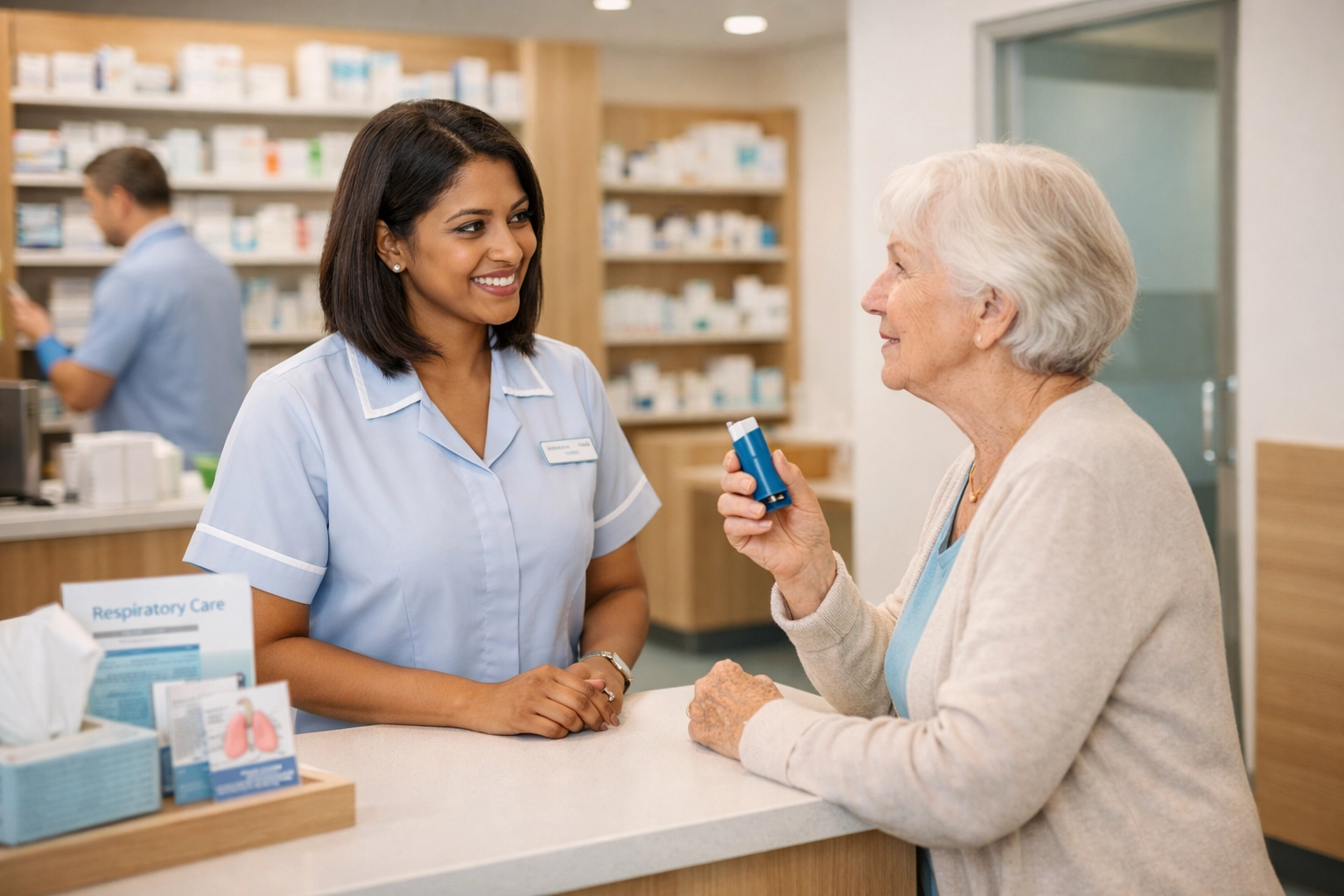 Community pharmacist providing integrated respiratory care consultation to patient with inhaler