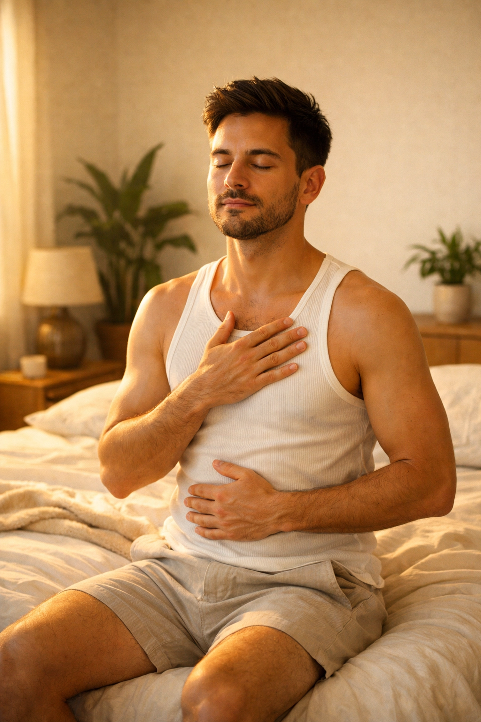 A gay man practicing a morning grounding ritual for queer healing in a peaceful sunlit room.