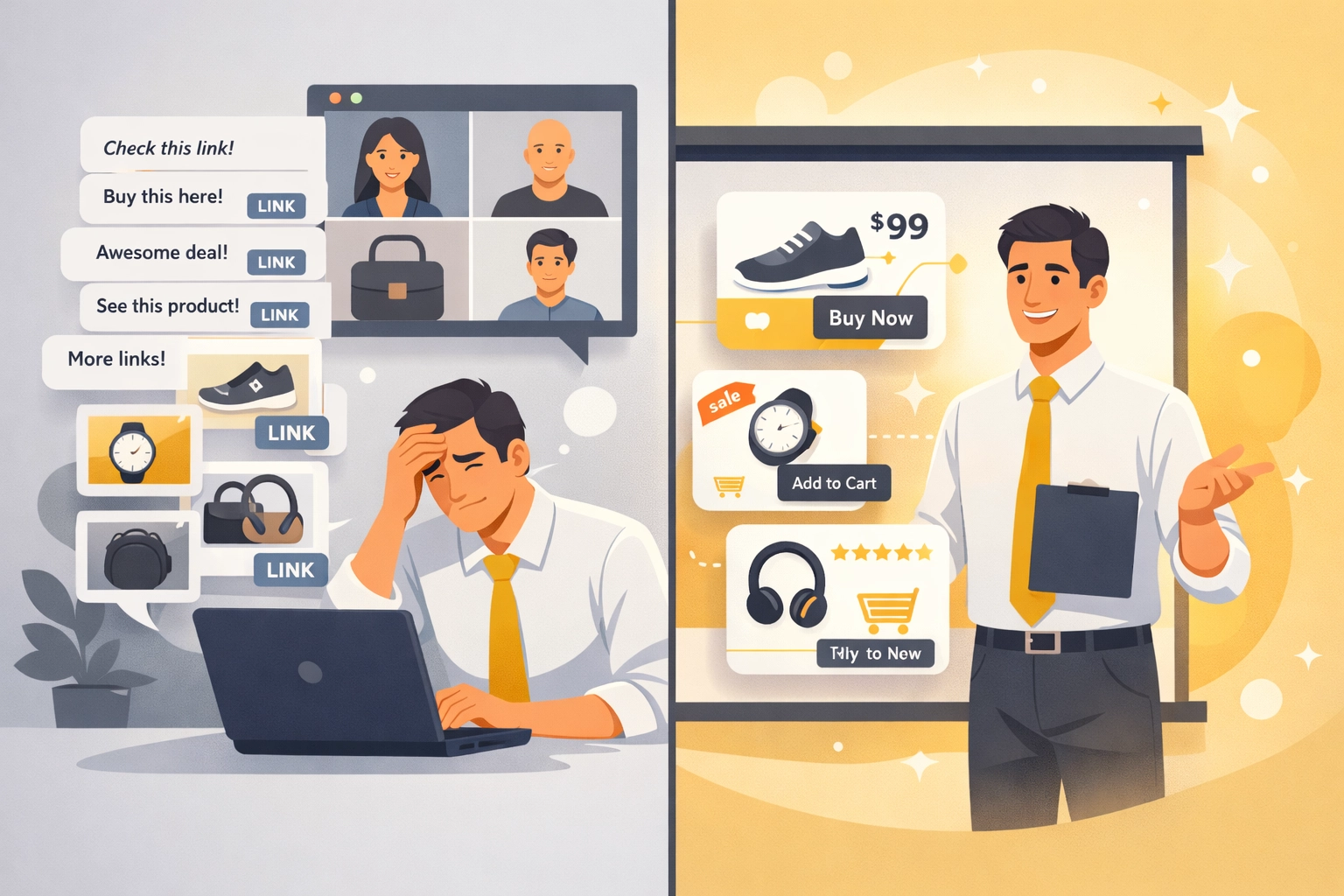 Zoom vs interactive webinar software comparison showing traditional video calls versus shopping-integrated presentations