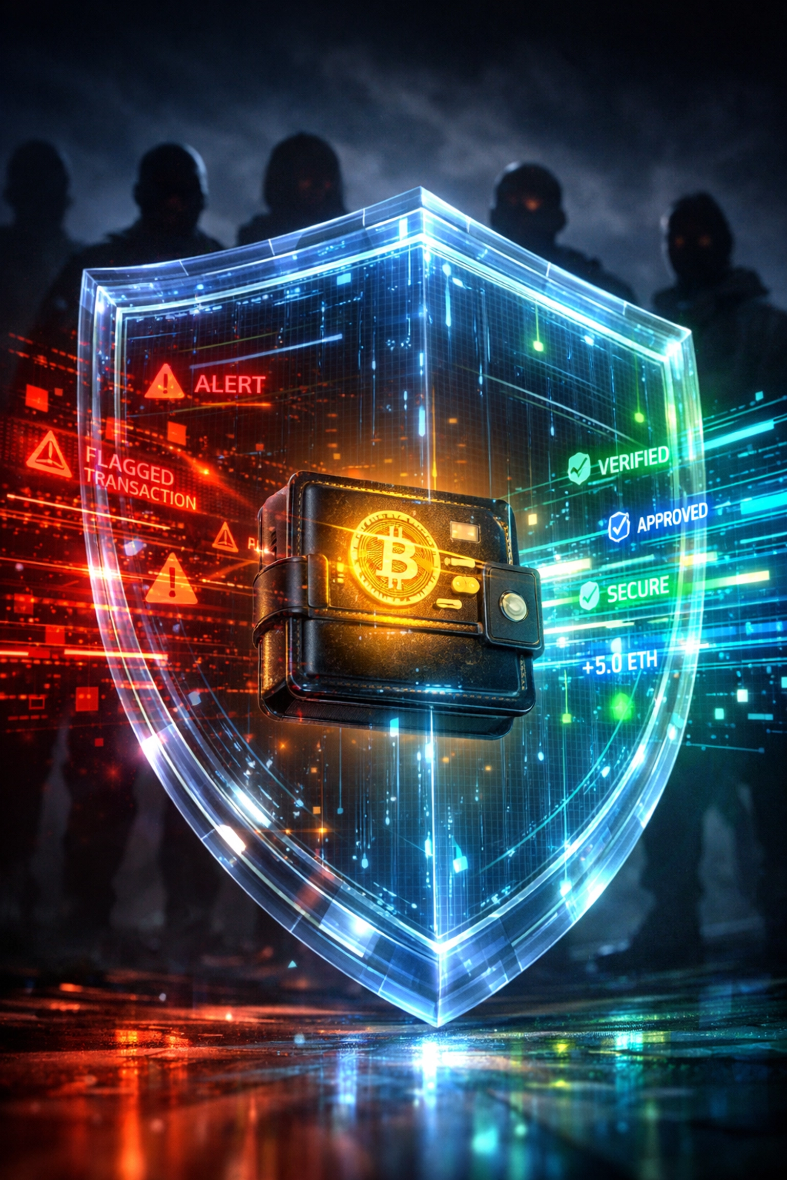 Digital security shield protecting crypto wallet from sanctioned transactions and fraud