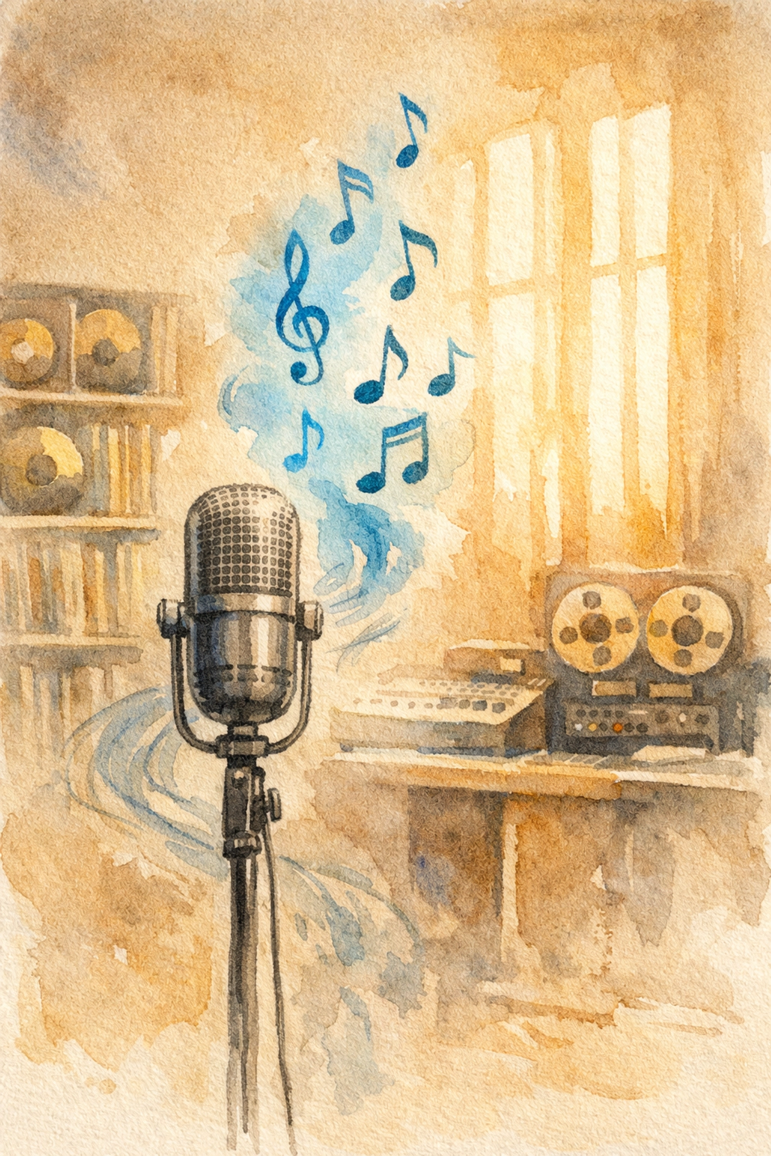 Vintage Memphis recording studio with microphone and gospel music notes rising upward