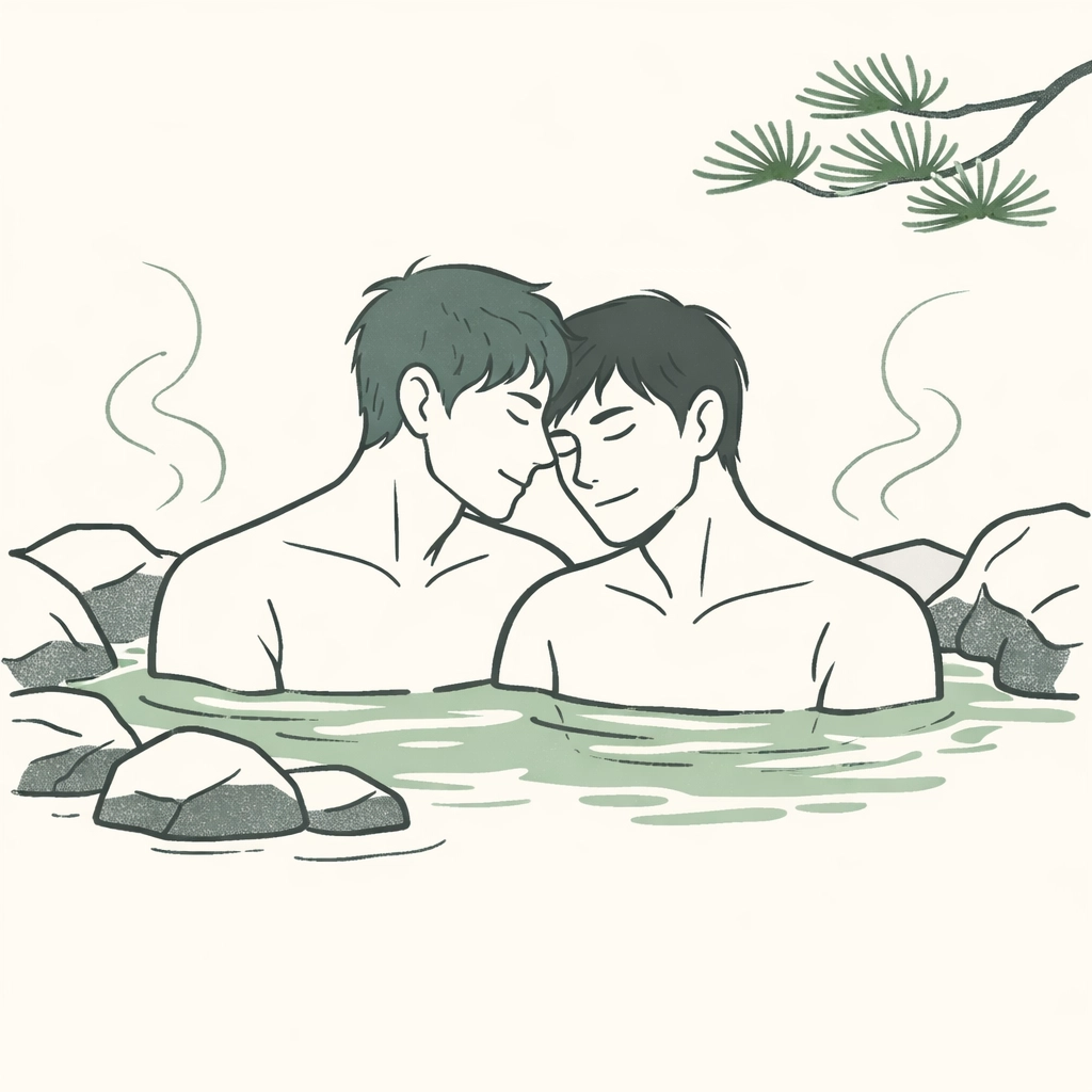 MM romance couple sharing a vulnerable, intimate moment in a traditional Japanese onsen hot spring.