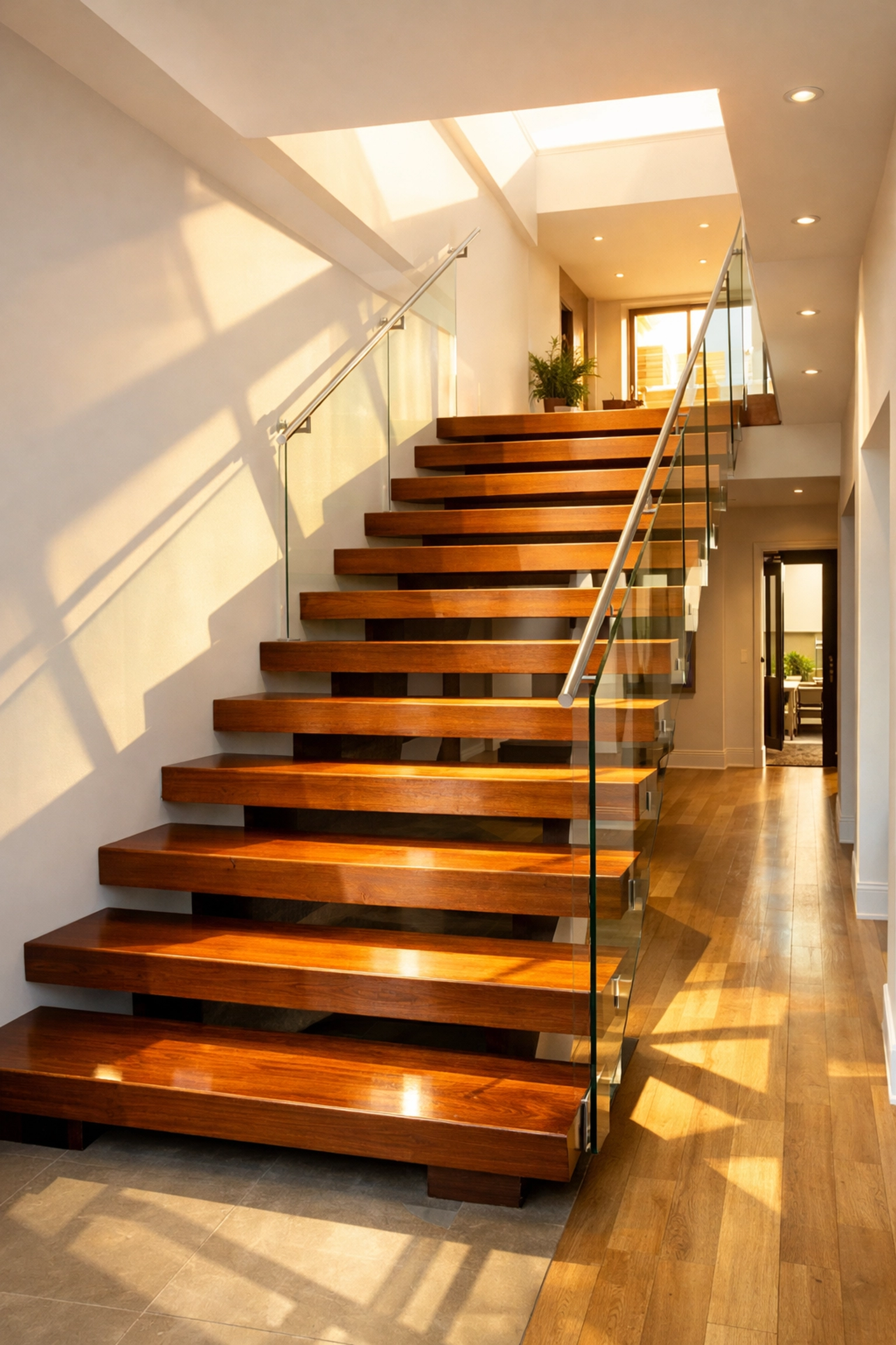 Modern bespoke wooden staircase connecting to a new second floor in a West Sussex home extension.