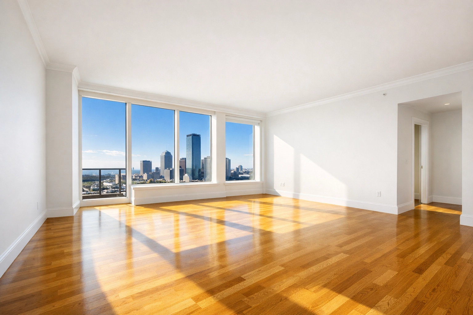 A perfectly sanitized and sunlit empty living room ready for a Boston apartment move-out inspection.