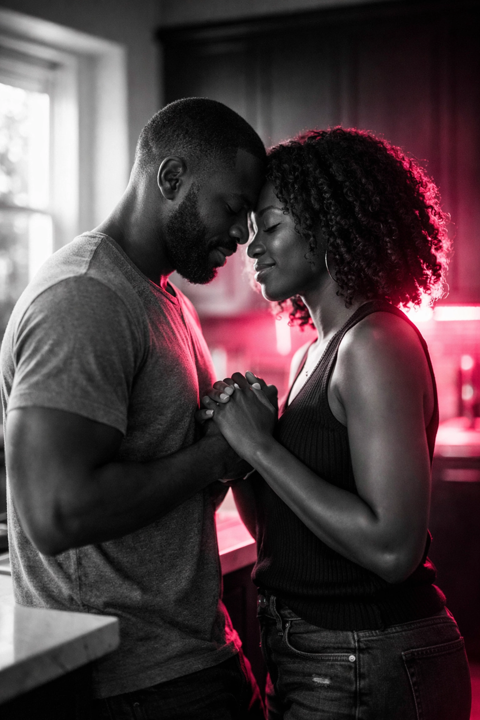 Black couple holding hands and praying together in kitchen finding peace in marriage