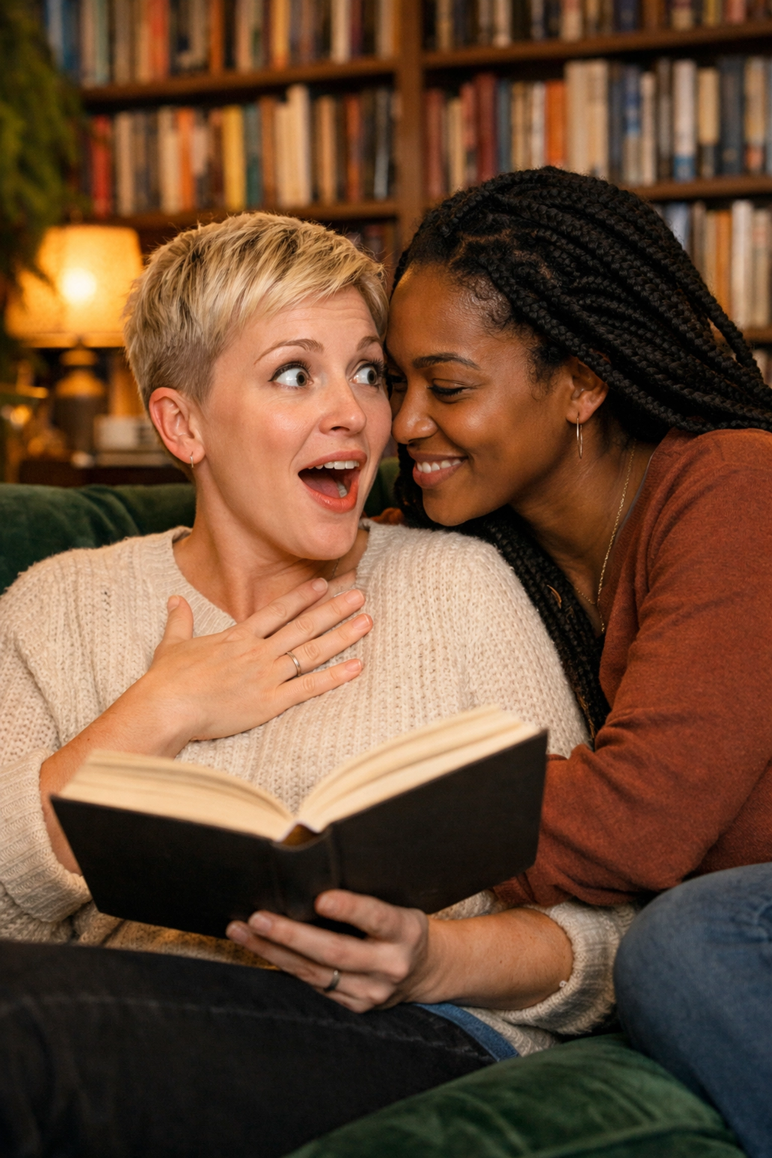 A lesbian couple sharing an emotional reaction to a gay romance series book on a cozy sofa.