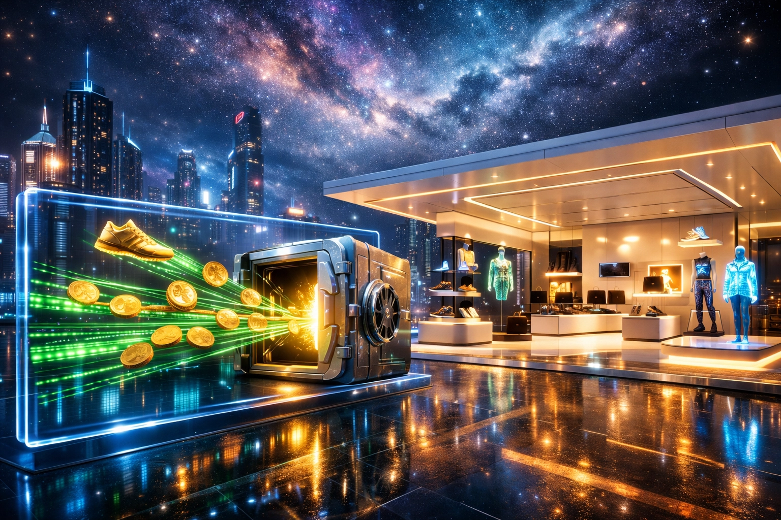 Immersive metaverse storefront featuring holographic digital payments and secure low-fee crypto transactions.