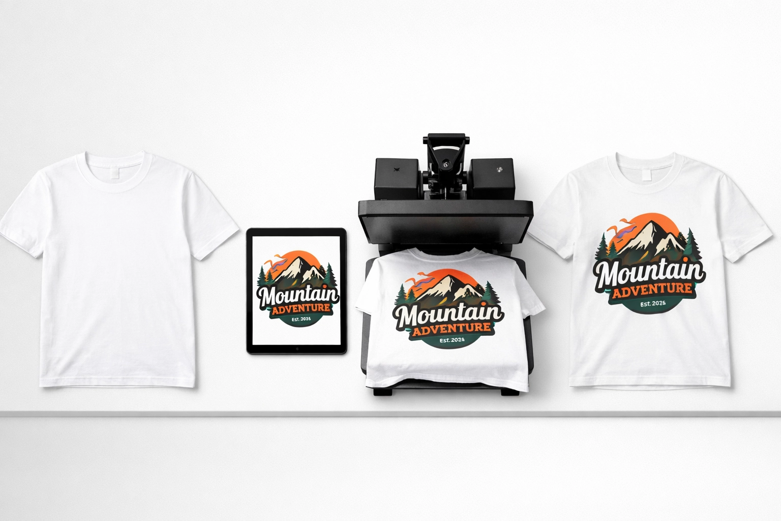 Custom t-shirt printing stages from blank shirt to final printed product