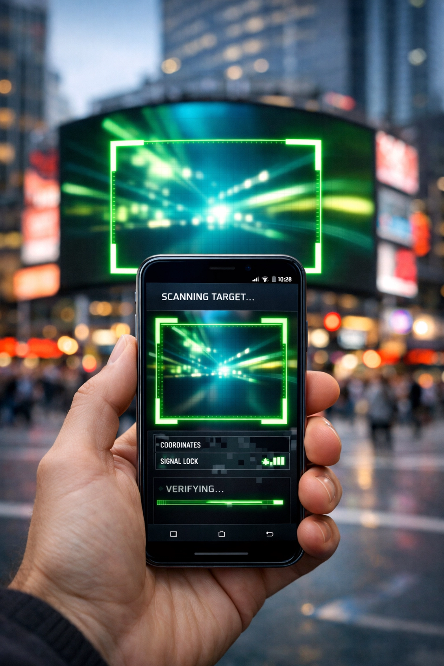Smartphone using LOCAUDIT for real-time proof of posting and billboard verification in a city.