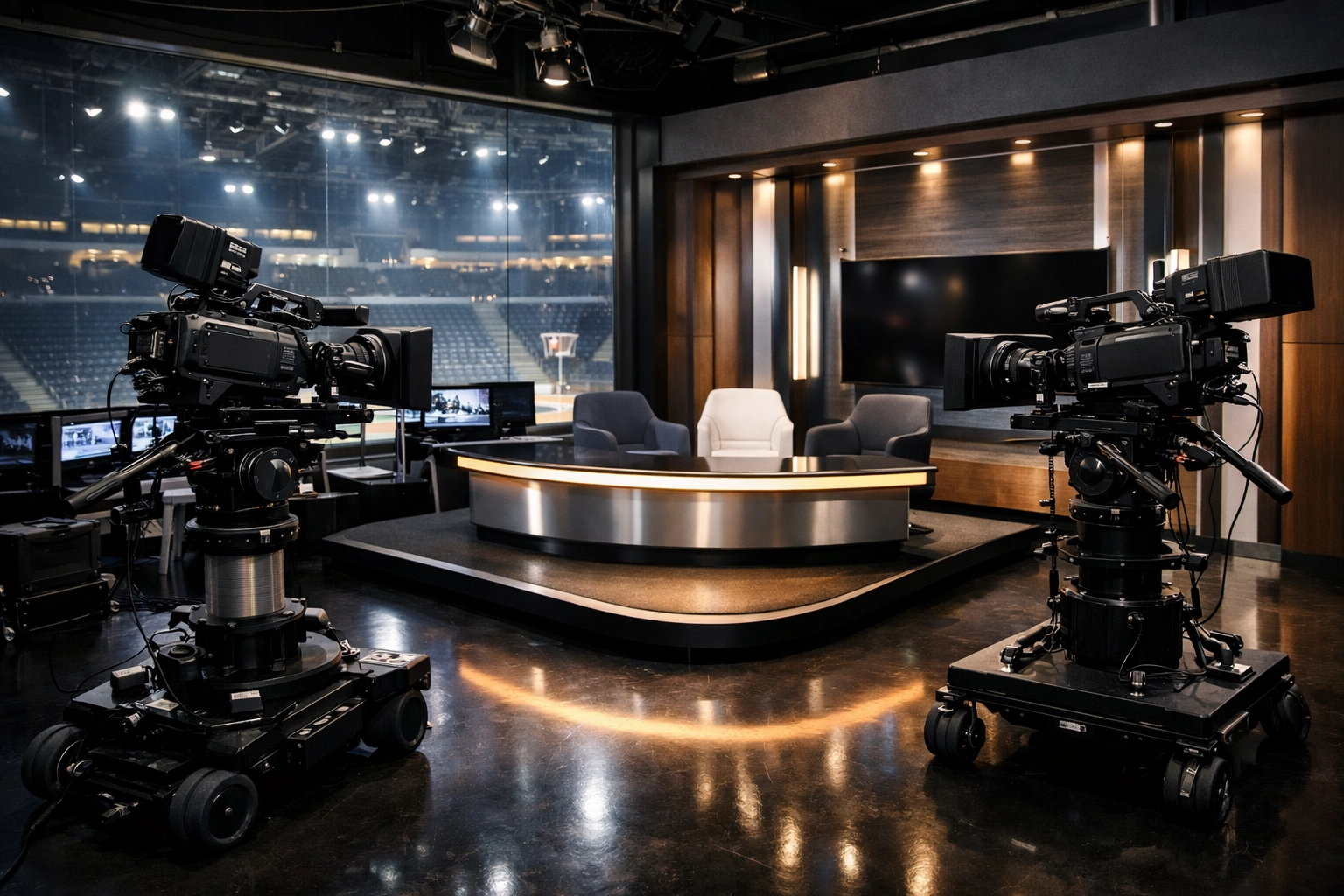 High-tech sports media production suite and interview set for global entertainment consulting.