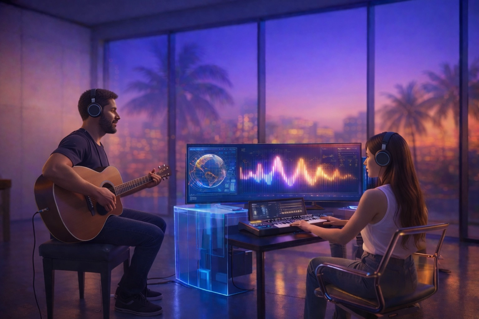 A focused pair of artists collaborating at a musician workstation in a Miami loft, representing a clean, minimalist digital business engine for high-end performers.