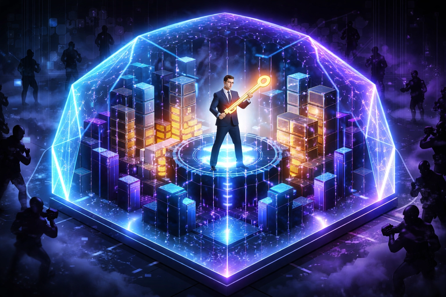 A secure digital vault highlights self-custody and blockchain security for merchants using Larecoin payments.