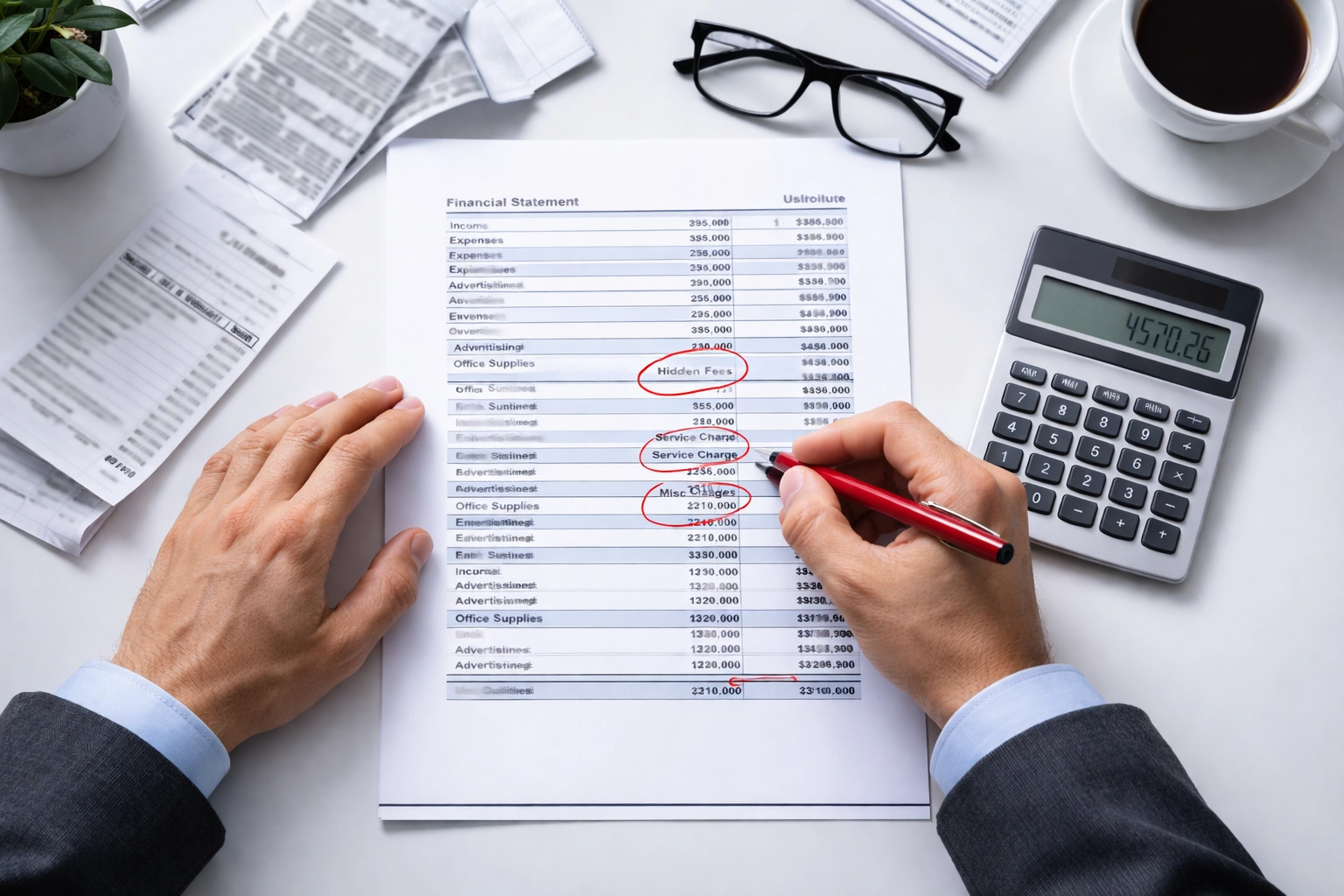 Hands reviewing a financial statement with red pen highlighting fees, representing auditing and uncovering hidden credit card processing costs.