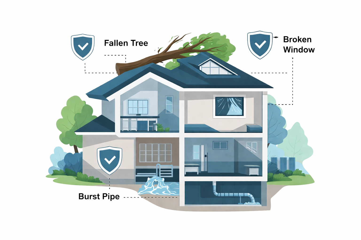 Rental property cross-section showing burst pipe, fallen tree, and broken window perils with DP3 policy protection