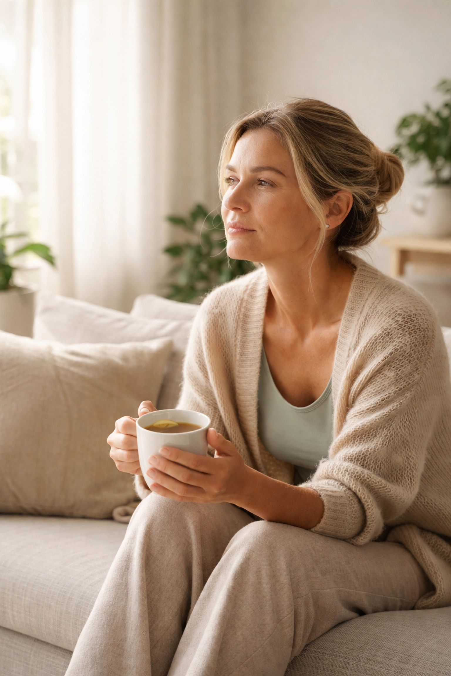 Wellness-focused adult reflecting on metabolic health in a bright, modern living room in Albuquerque