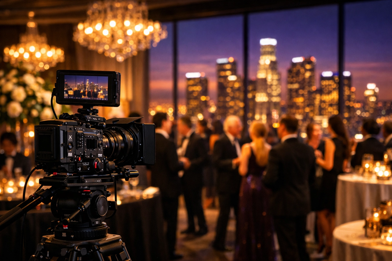 Professional event video production equipment at a high-end corporate gala in Los Angeles.