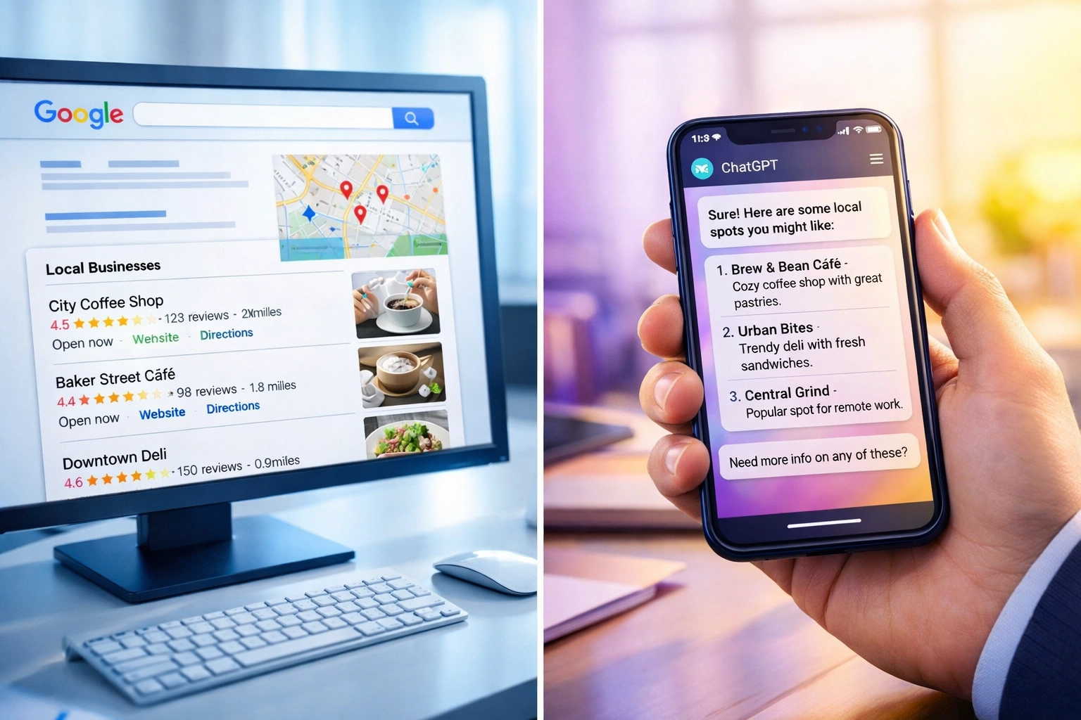 Traditional Google Maps search versus AI-powered local search recommendations