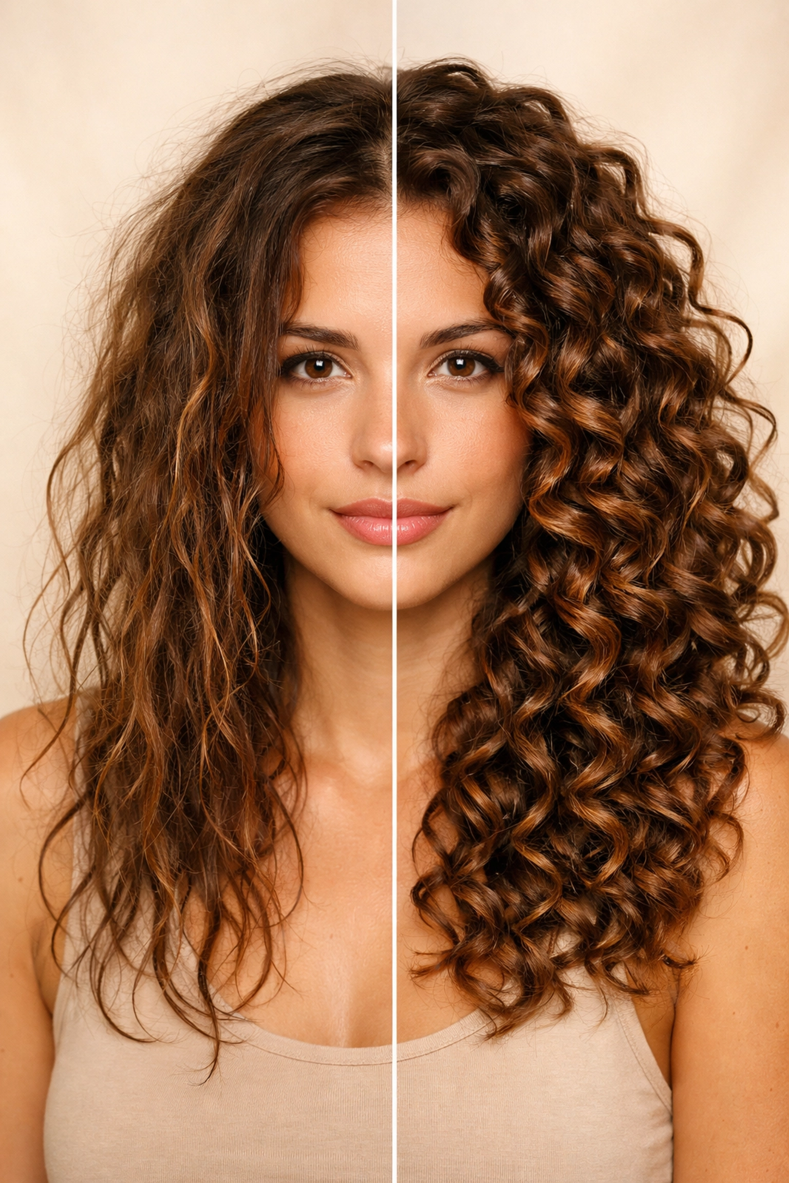 Before and after curly hair transformation showing restored natural curl pattern and volume