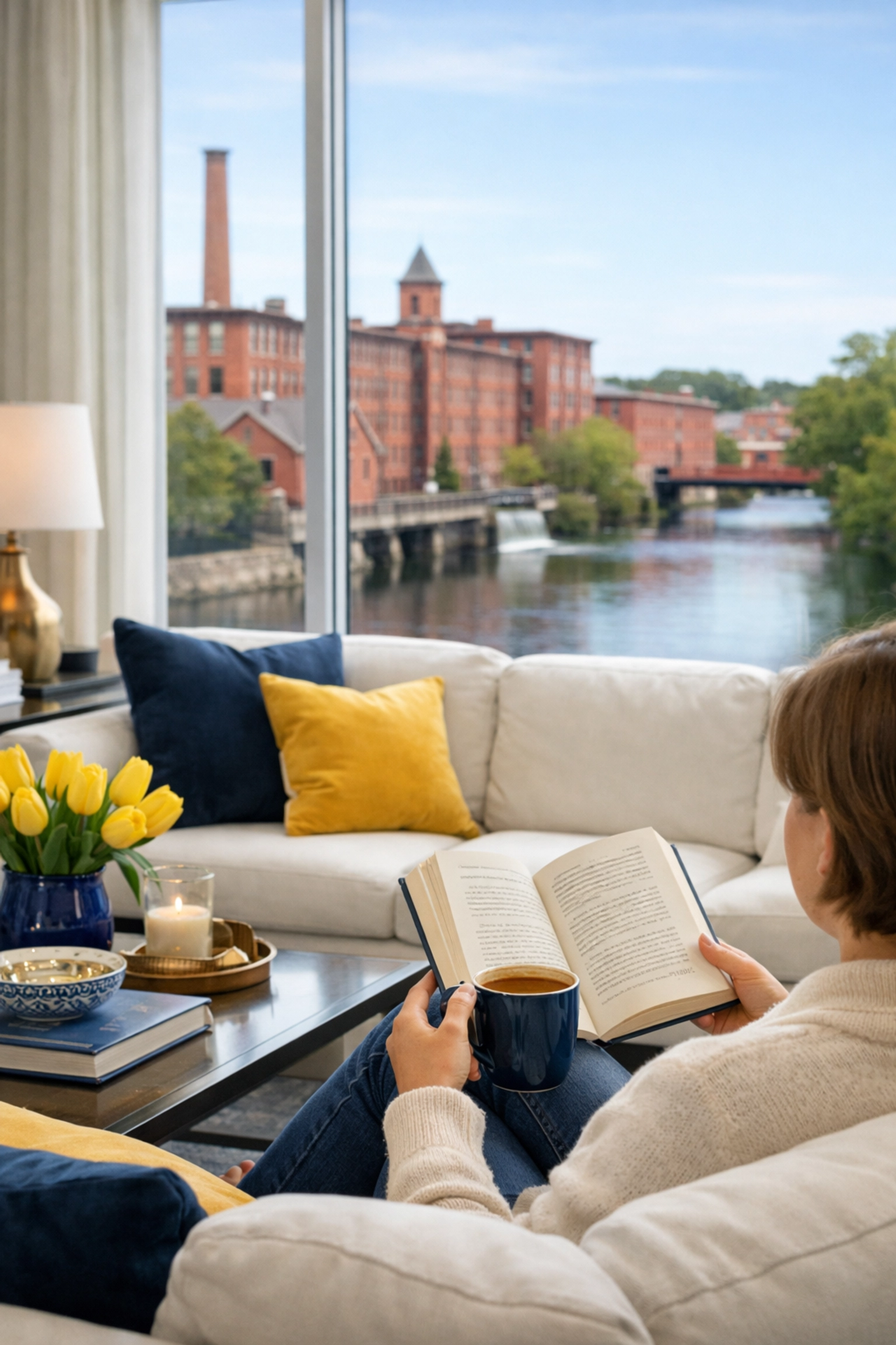 Resident enjoying a spotless living room after professional maid services Lowell near the canal system.