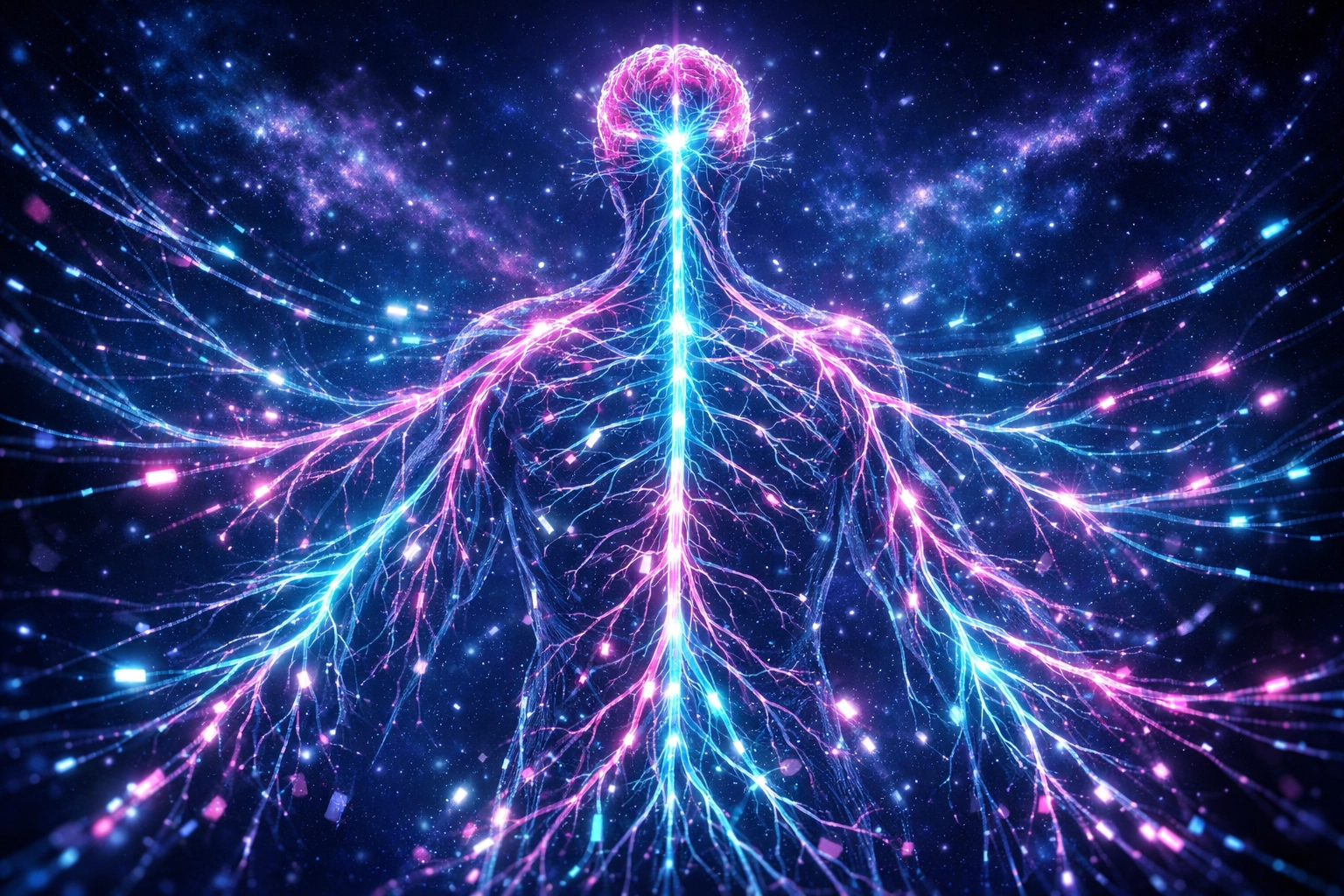 Glowing human nervous system representing biology and nervous system health.