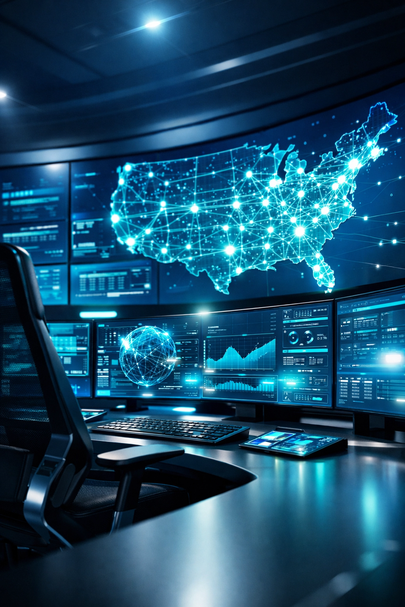 24/7 NOC remote IT monitoring center displaying network topology across multiple business locations