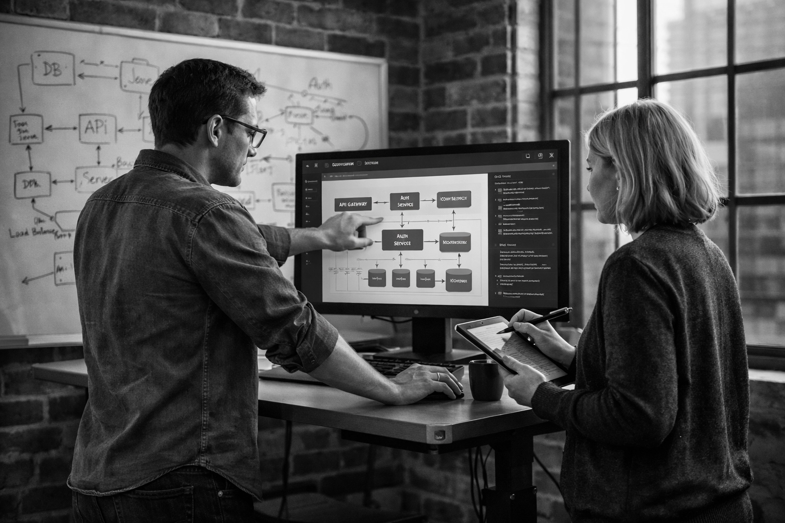 Team collaborating on AI architecture and infrastructure design with system diagrams