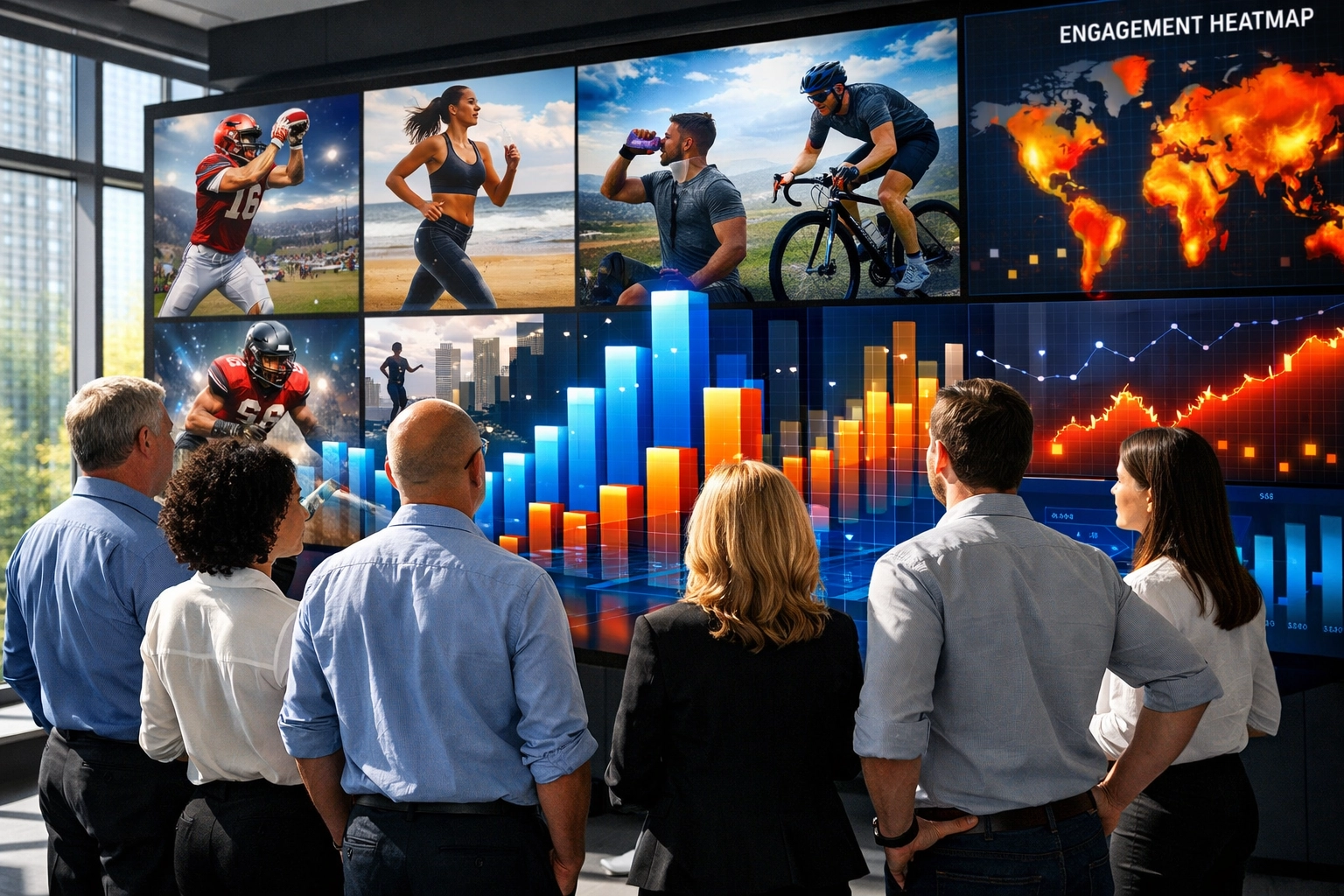 Marketing executives analyzing athlete NIL performance data and engagement metrics for a Super Bowl brand campaign.