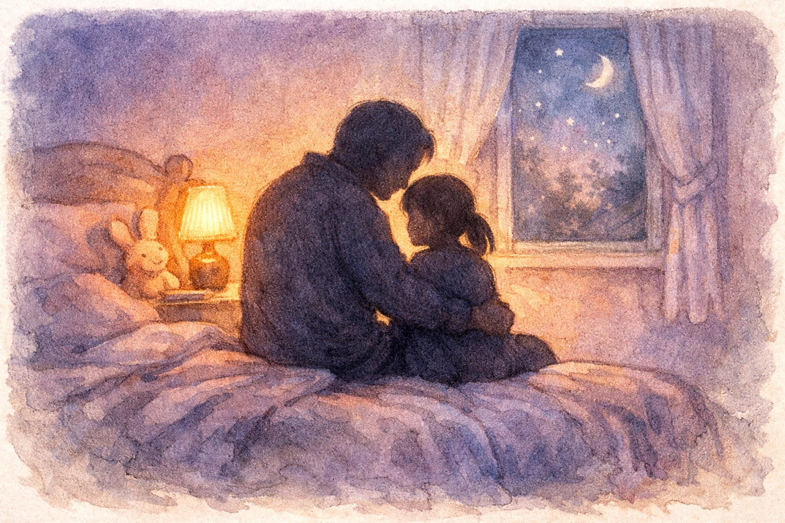 Parent and child together at bedtime for evening prayer and reflection