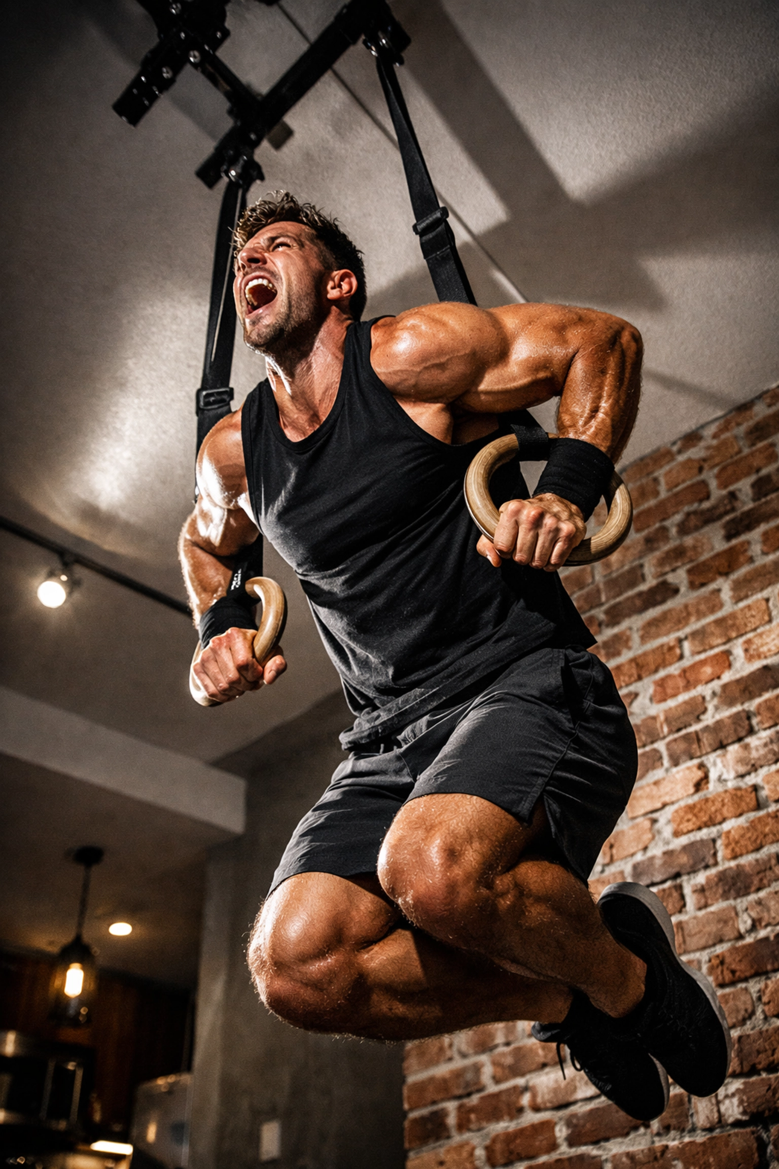 Athlete performing muscle-up on gymnastic rings in home gym for bodyweight training