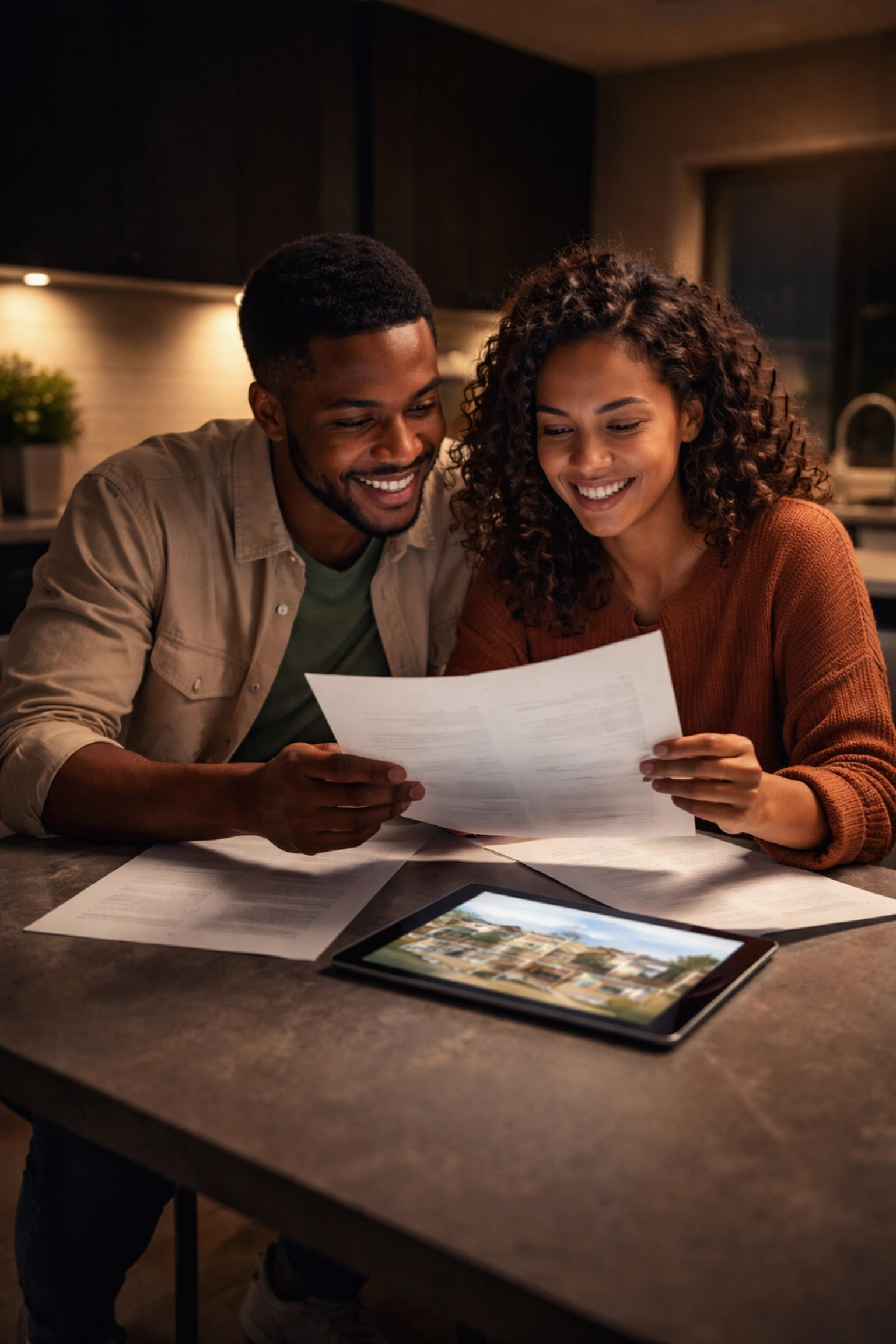 Diverse couple reviewing home loan documents at a kitchen table, representing Brisbane first-home buyer experiences.