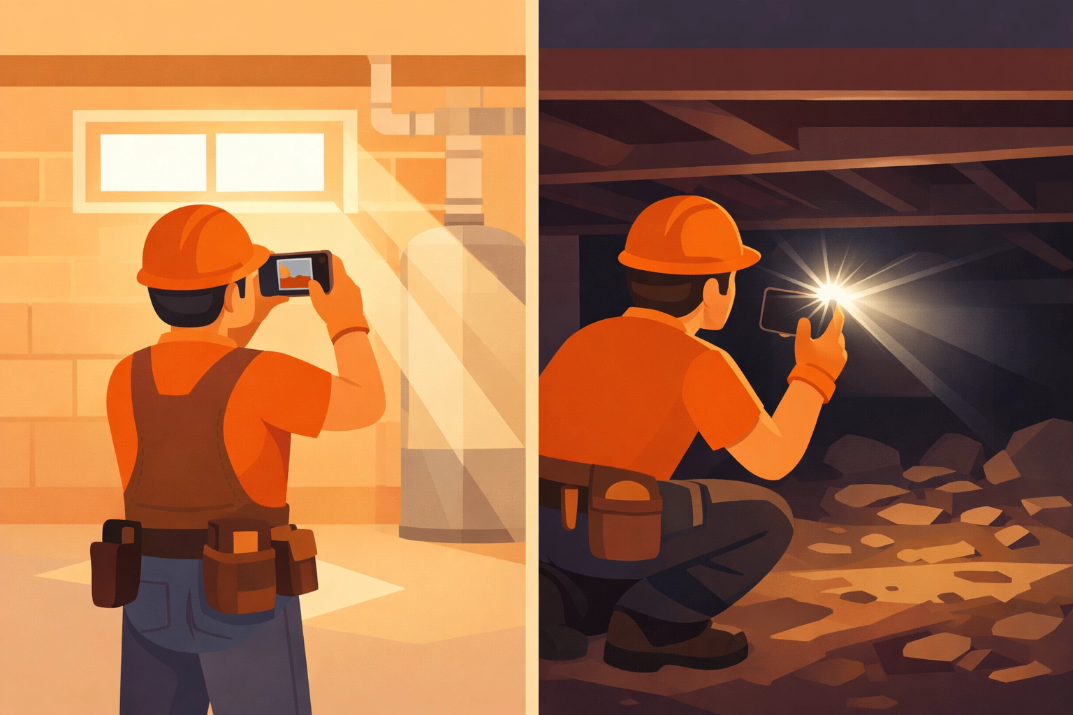 Contractor taking job photos in good lighting versus dim conditions for proper documentation