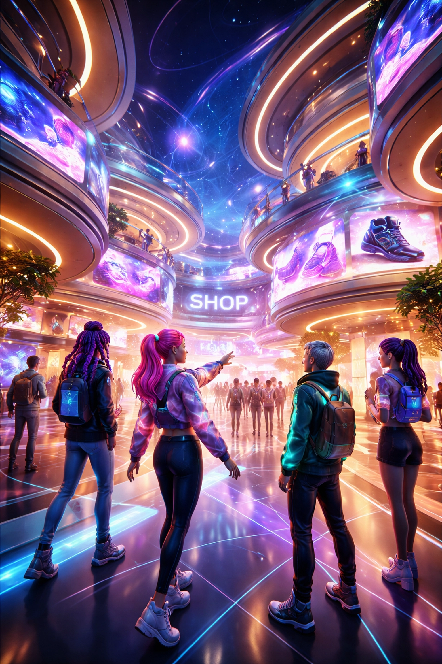 Virtual reality shopping mall with avatars interacting and browsing products, highlighting metaverse shopping experience