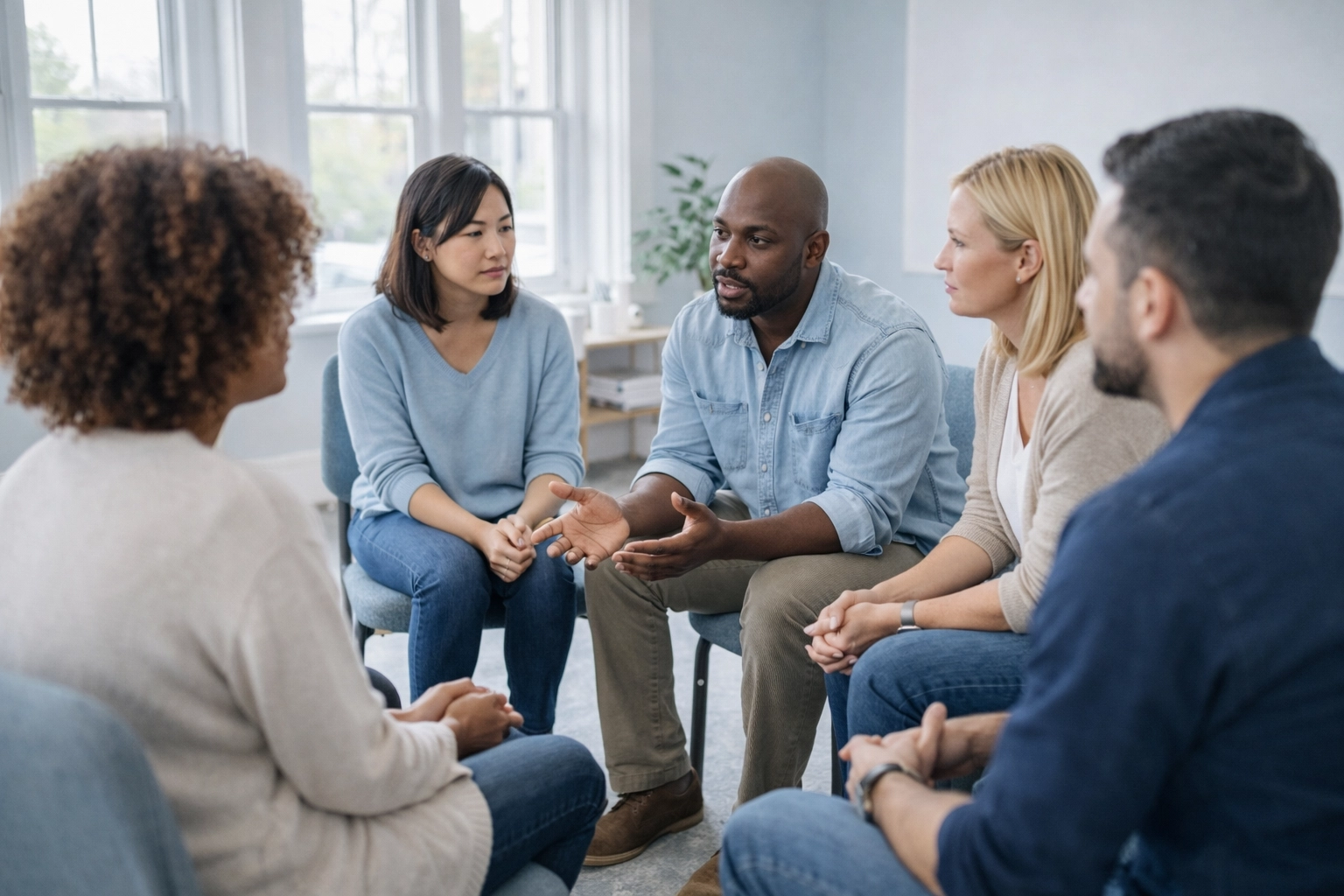 Peer support group members sitting in circle having authentic conversation in recovery meeting