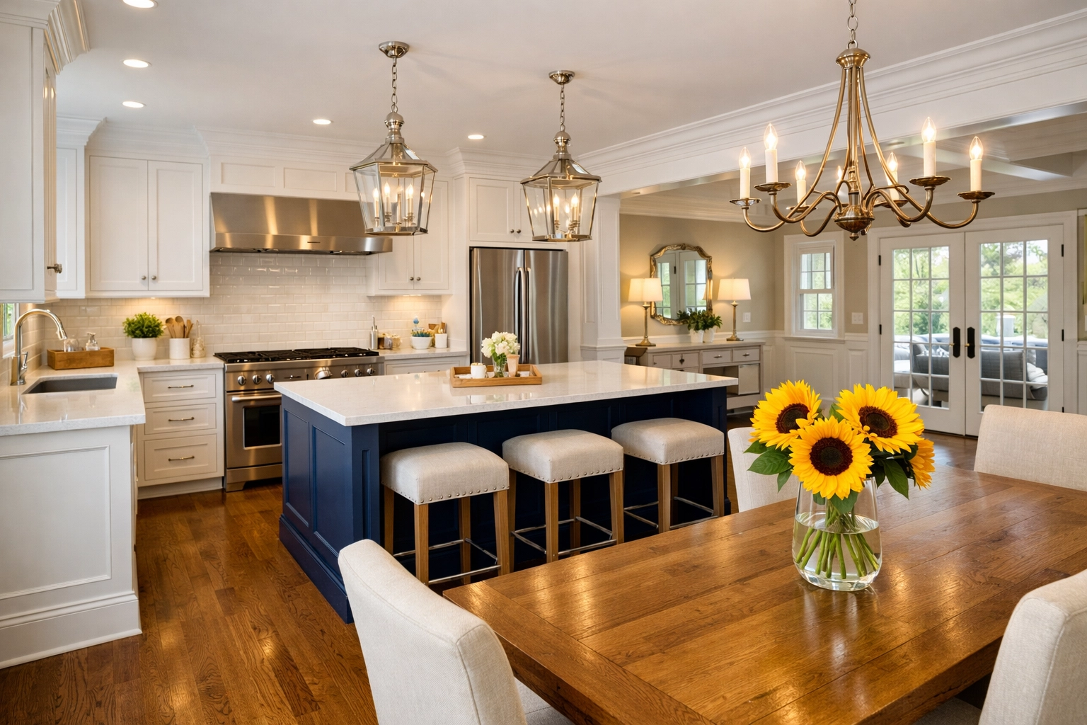 Luxury kitchen and dining area in Townsend MA maintained with professional house cleaning services.