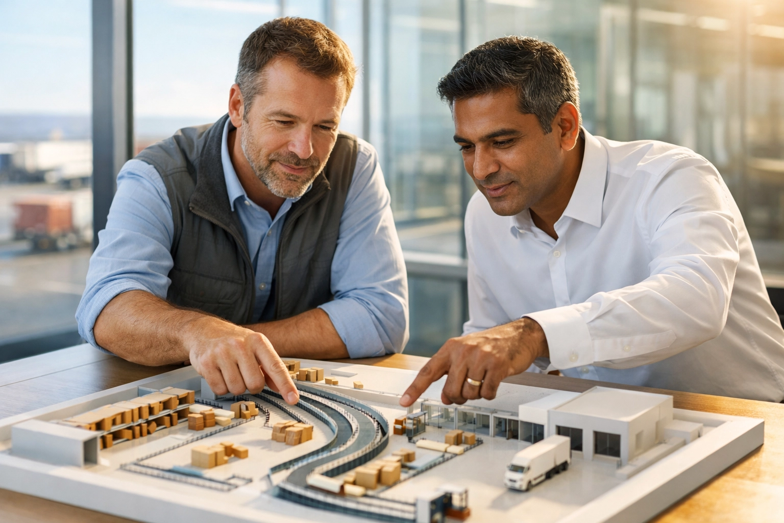 Logistics experts collaborating to optimize warehouse layout and reduce supply chain bottlenecks.